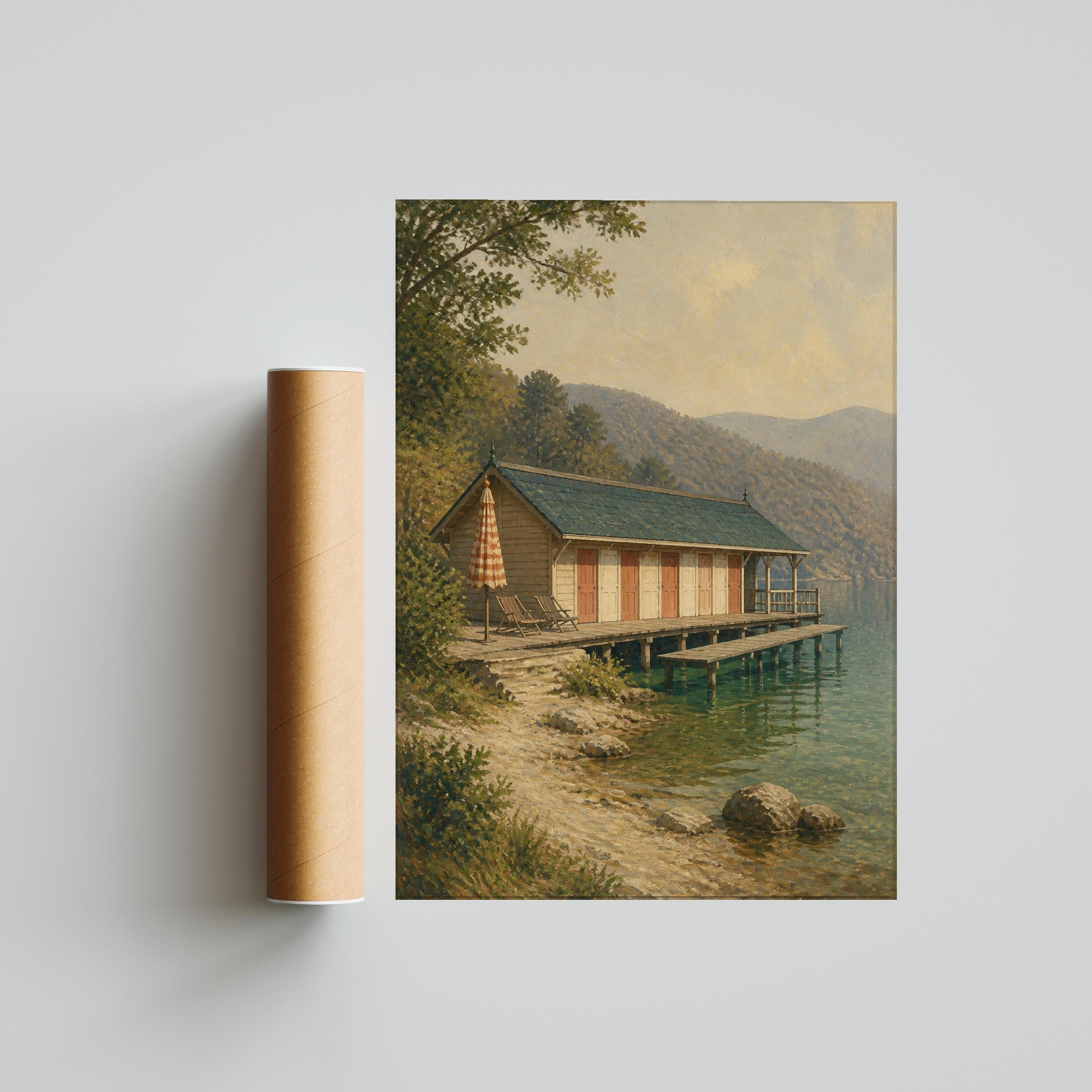 Lakeside Bathing Pavilion Print, Vintage Swimming Wall Art, Lake House Poster, Retro Summer Decor, Housewarming Gift – Calm Wall Art by Artsify thumbnail 5