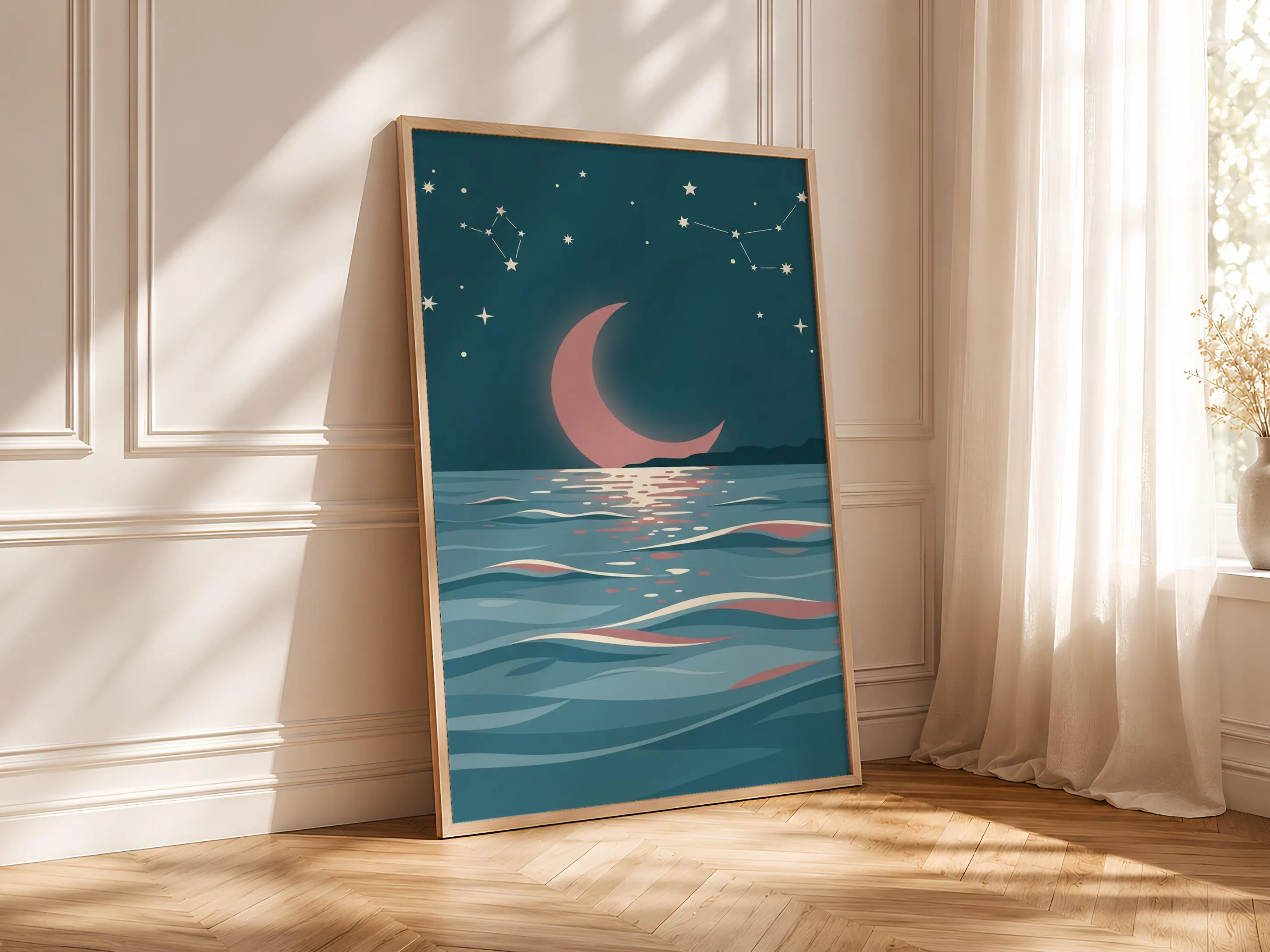 Moonlit Ocean Print, Celestial Coastal Wall Art, Teal Rose Poster, Bathroom Decor, Housewarming Gift – Calm Wall Art by Artsify thumbnail 4