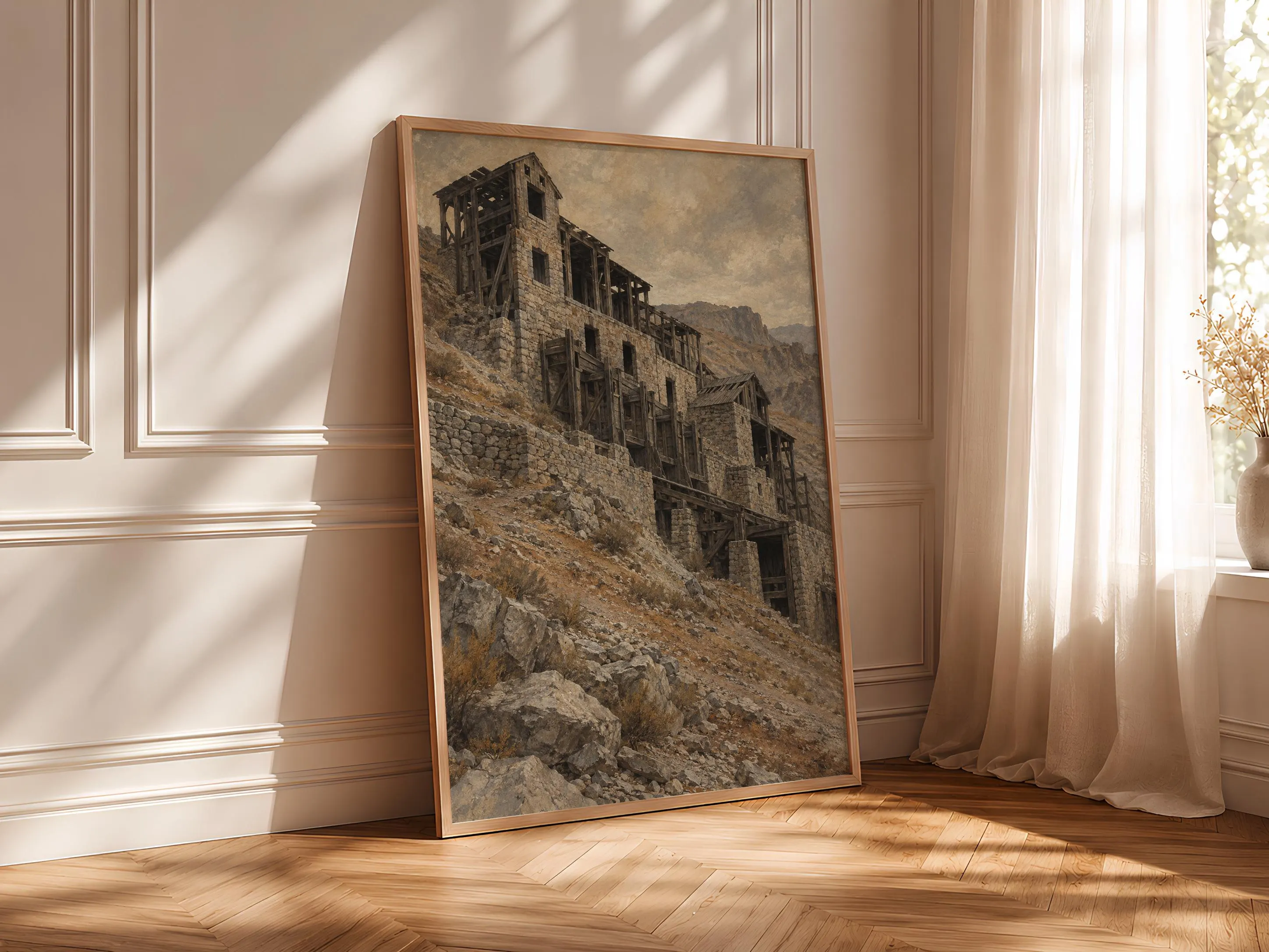 Abandoned Stamp Mill Wall Art, Rustic Western Architecture Painting – Calm Wall Art by Artsify thumbnail 4
