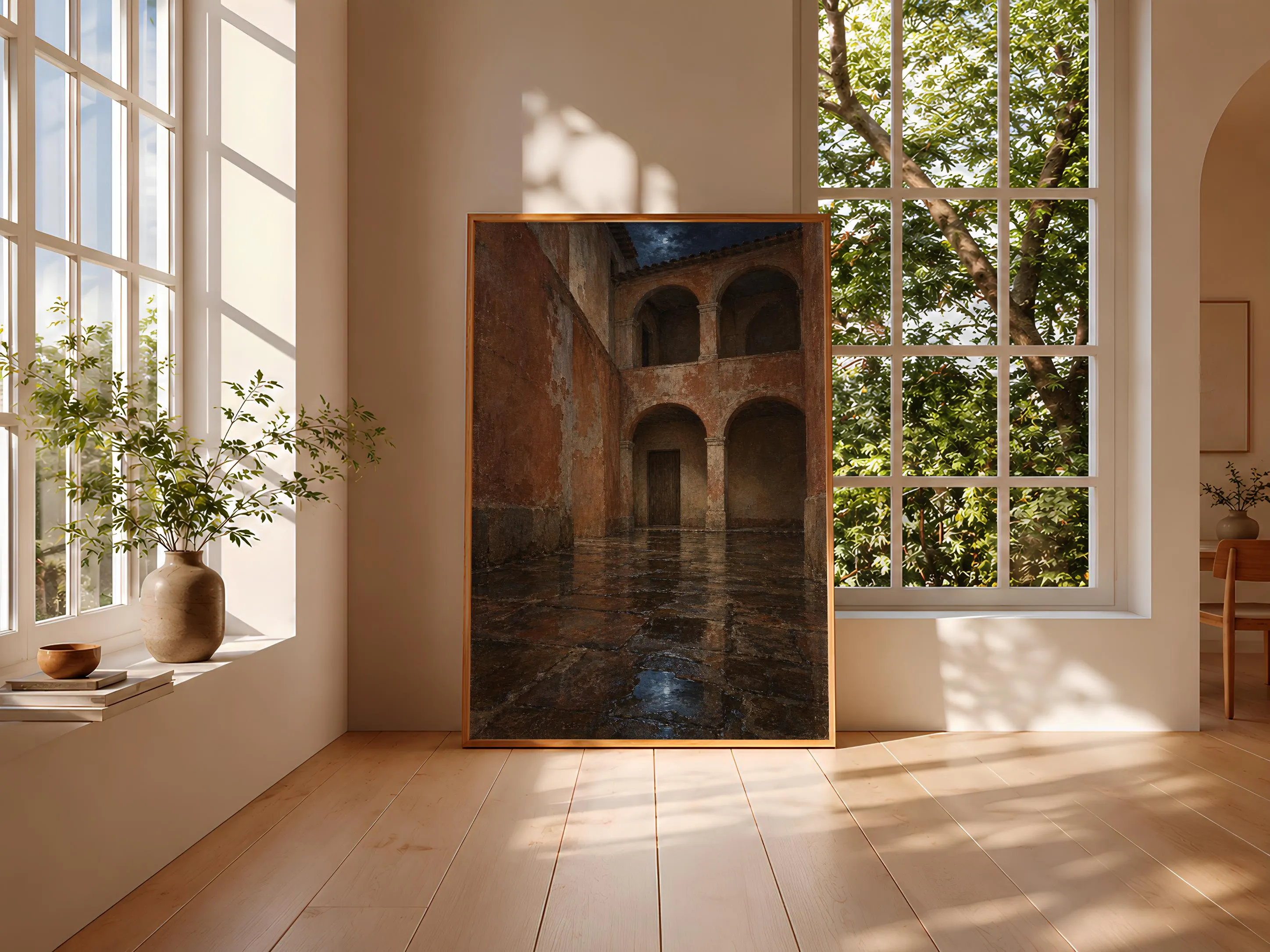 Terracotta Courtyard Wall Art, Rainy Arcade Oil Painting, Moody Mediterranean Decor – Calm Wall Art by Artsify thumbnail 3