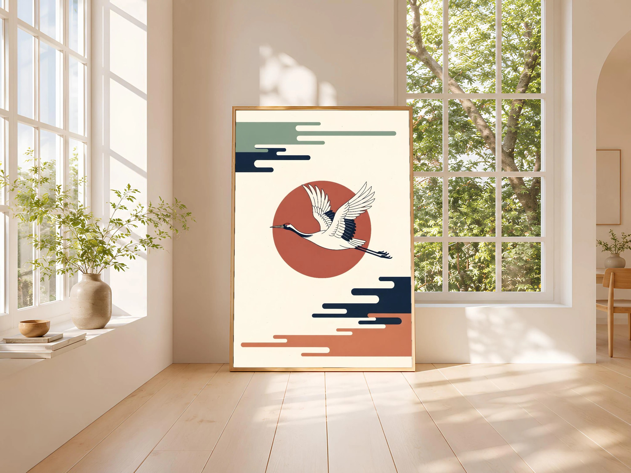 Japanese Crane Art Print, Minimalist Bird Wall Art, Red Sun Zen Poster, Asian Style Home Decor, A1/A2/A3/A4, Housewarming Gift – Calm Wall Art by Artsify thumbnail 3
