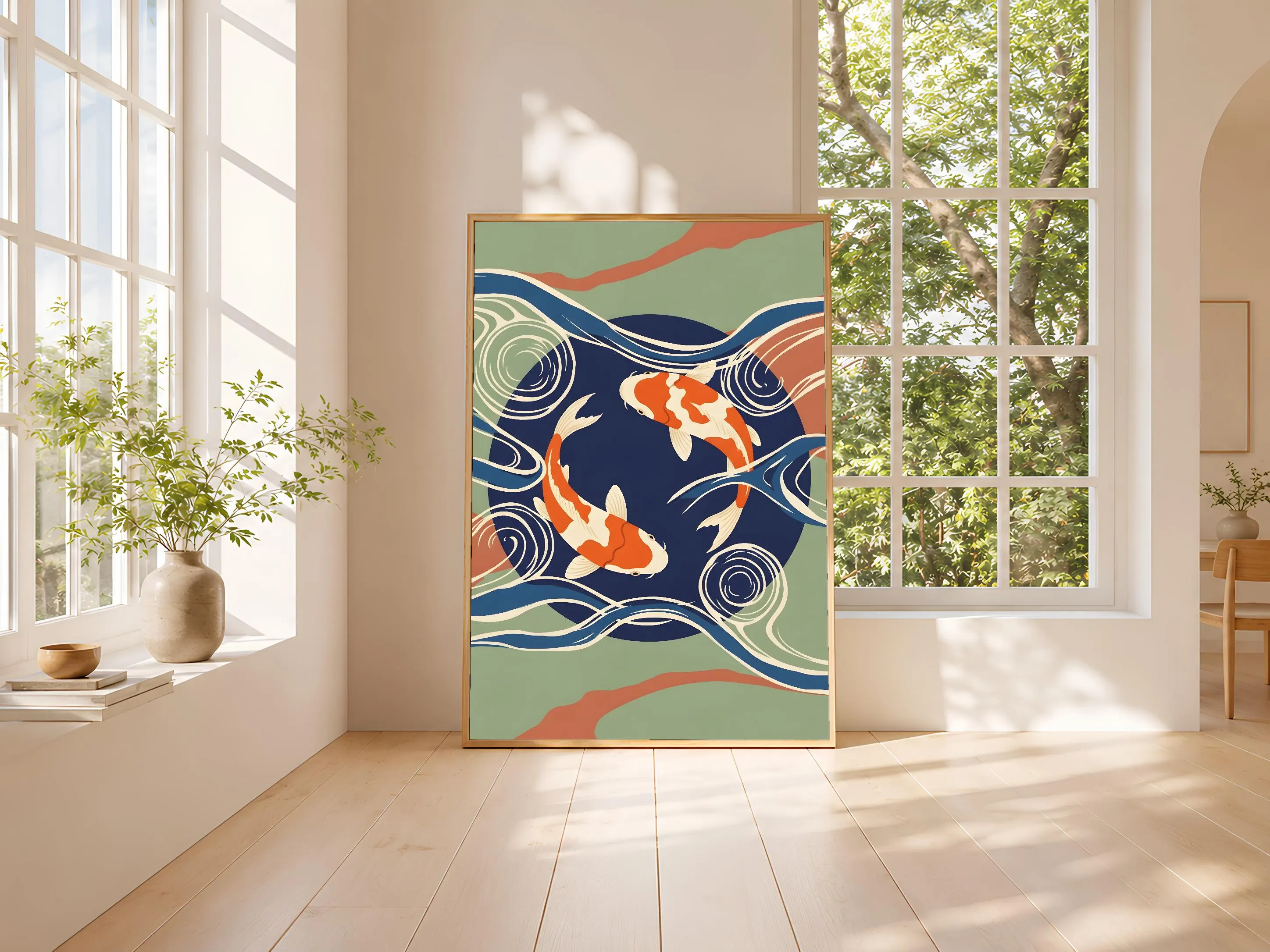 Koi Fish Art Print, Japanese Woodblock Style Poster, Zen Water Wall Art, Indigo Home Decor, A1/A2/A3/A4, Housewarming Gift – Calm Wall Art by Artsify thumbnail 3