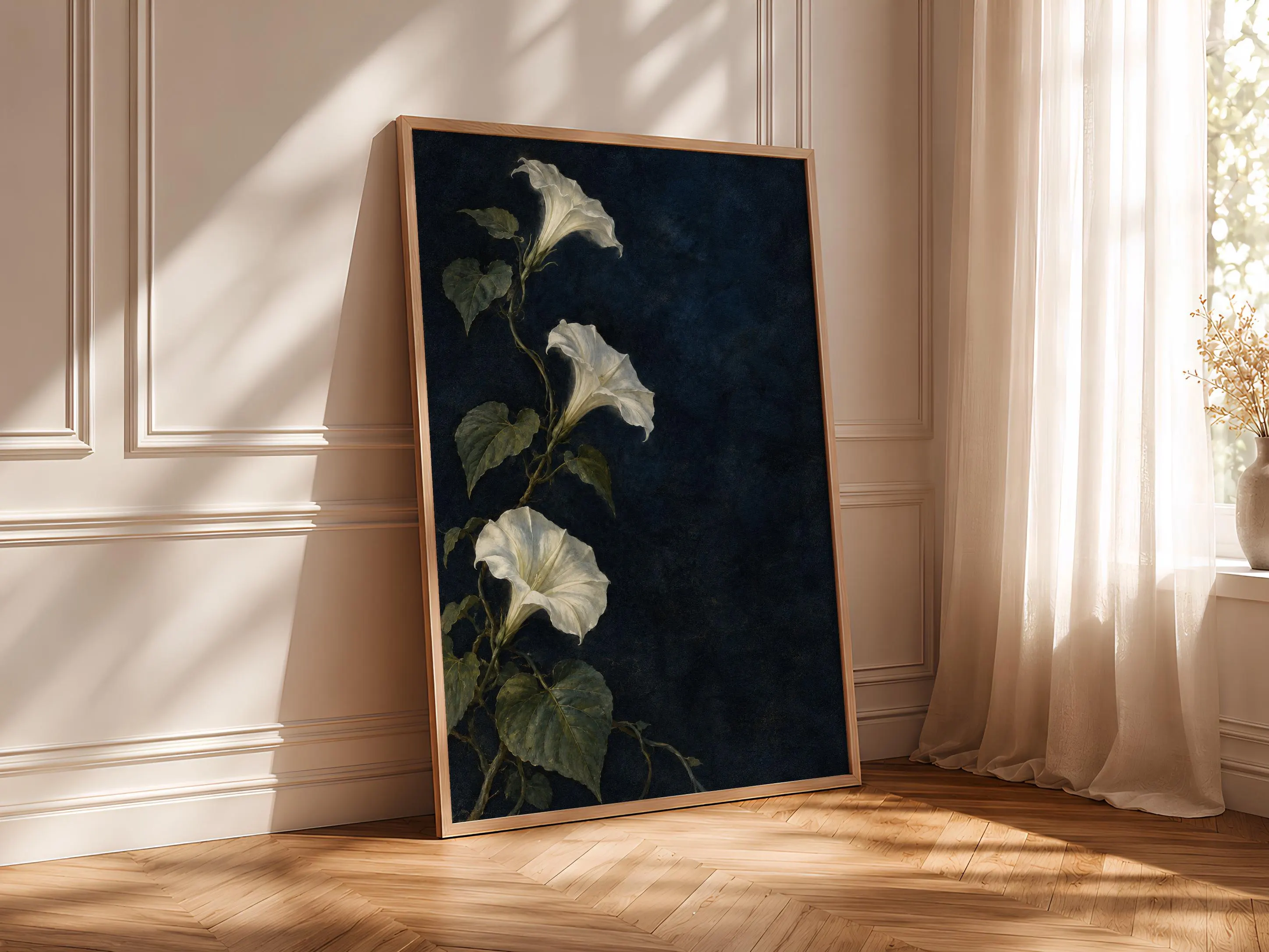 Moonflower Wall Art, Moody White Botanical Oil Painting, Dark Blue Bedroom Decor – Calm Wall Art by Artsify thumbnail 4