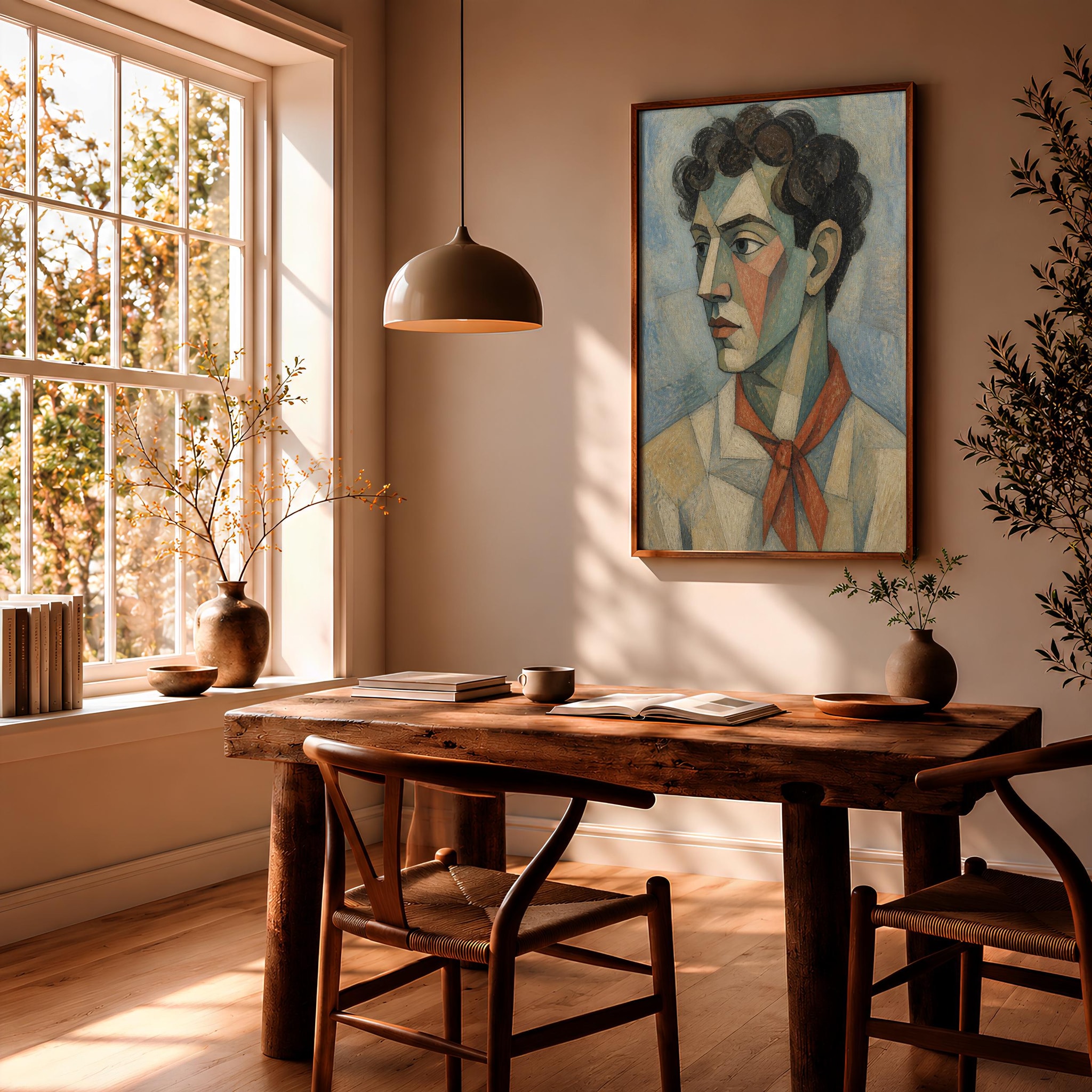 Vermilion Scarf Cubist Man Portrait, Sea Green Abstract Face Print, Modern Wall Art – Calm Wall Art by Artsify thumbnail 2