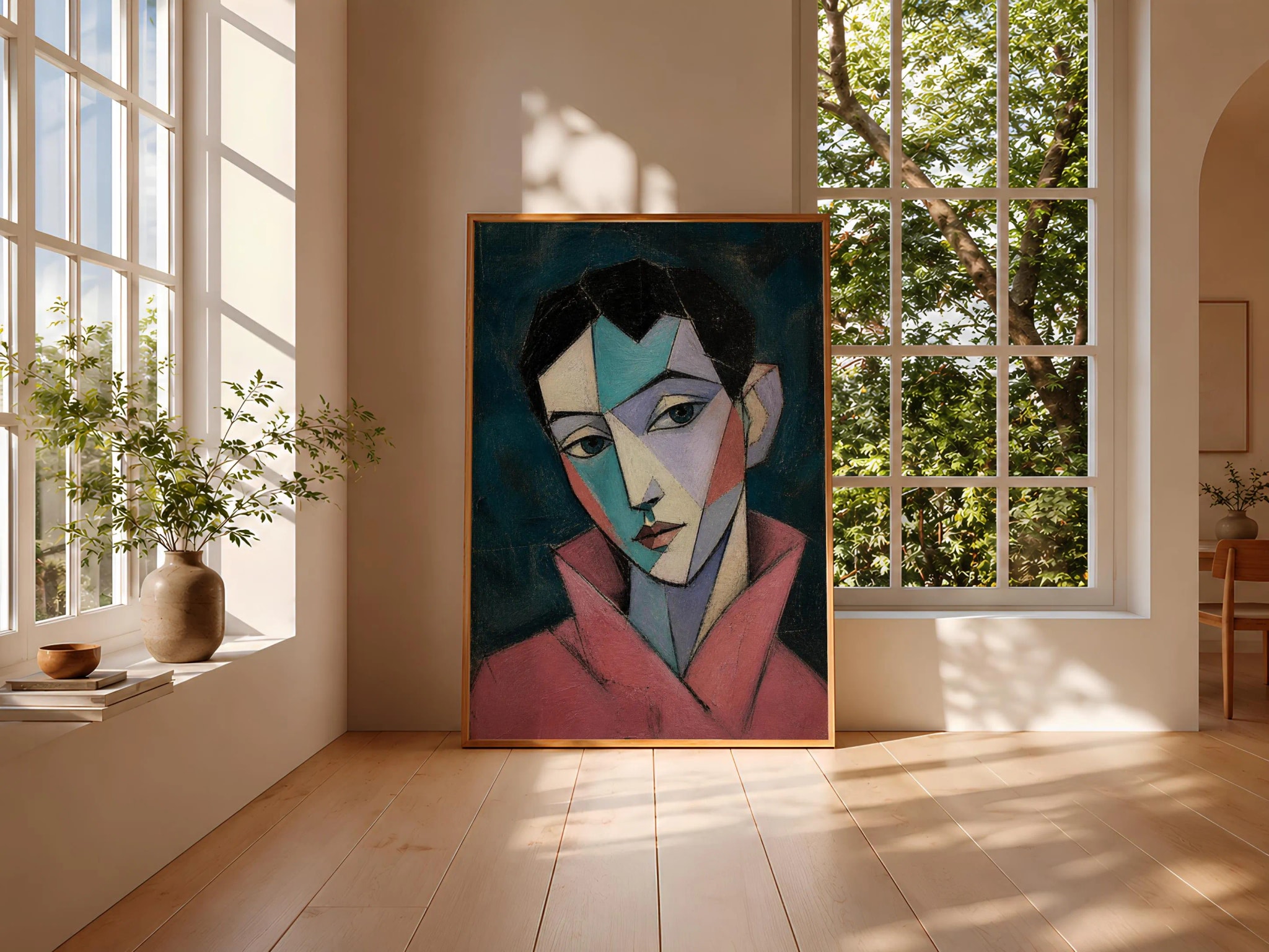 Rose Collar Cubist Portrait Print, Teal Abstract Face Wall Art, Modern Statement Decor – Calm Wall Art by Artsify thumbnail 3