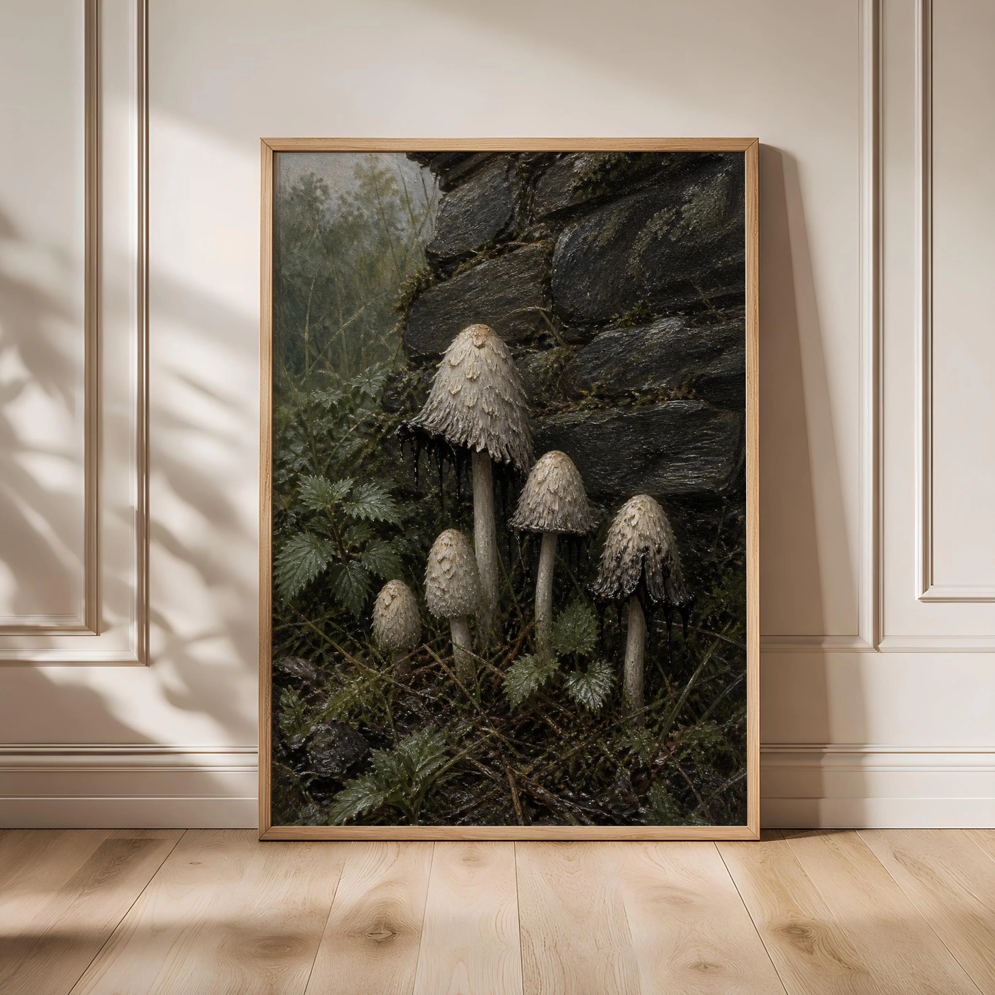 Inkcap Mushroom Wall Art, Moody Cottagecore Oil Painting, Slate Garden Print, Housewarming Gift – Calm Wall Art by Artsify