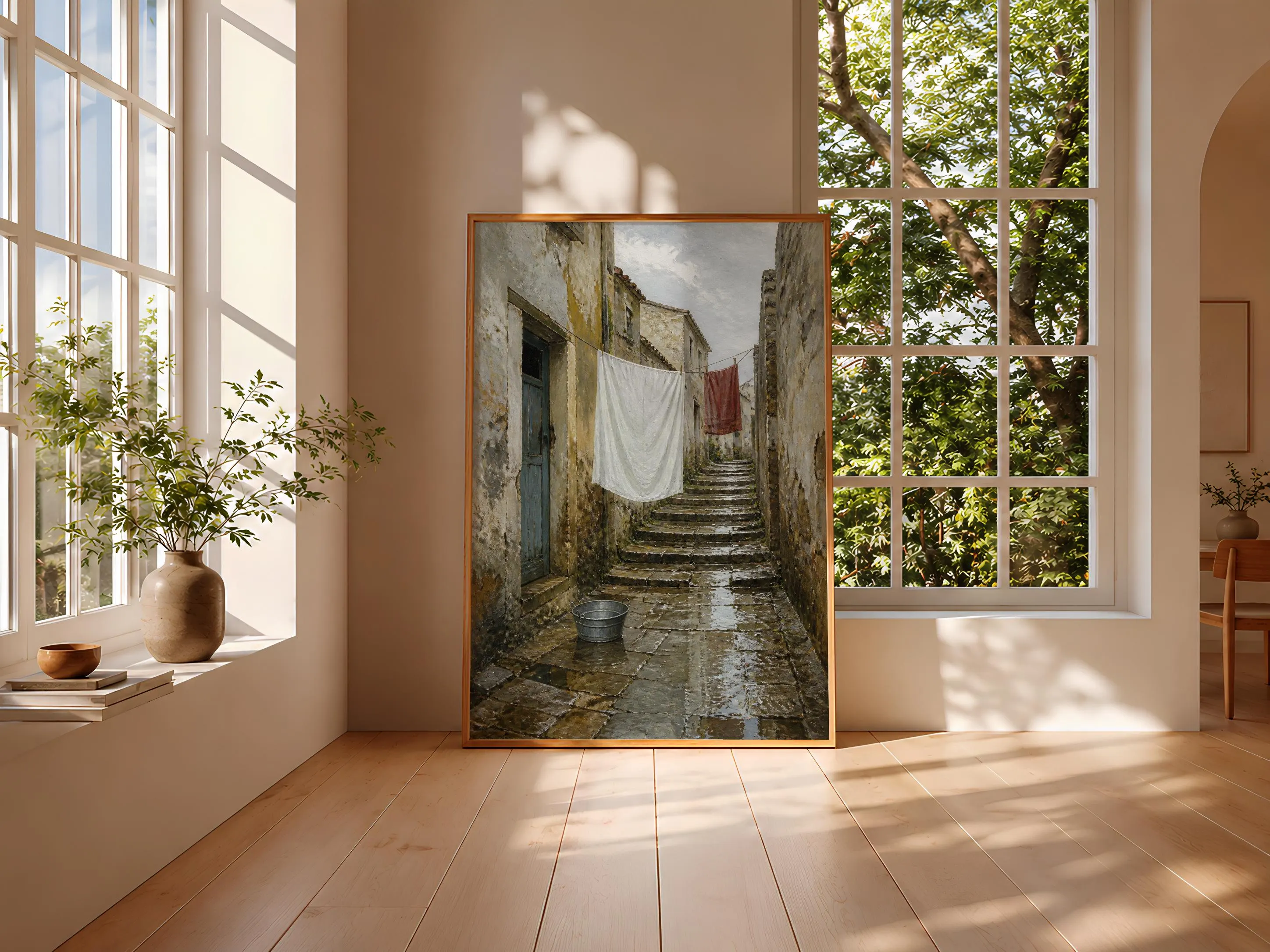 Rainy Mediterranean Alley Wall Art, Vintage Laundry Day Oil Painting, European Street Print – Calm Wall Art by Artsify thumbnail 3