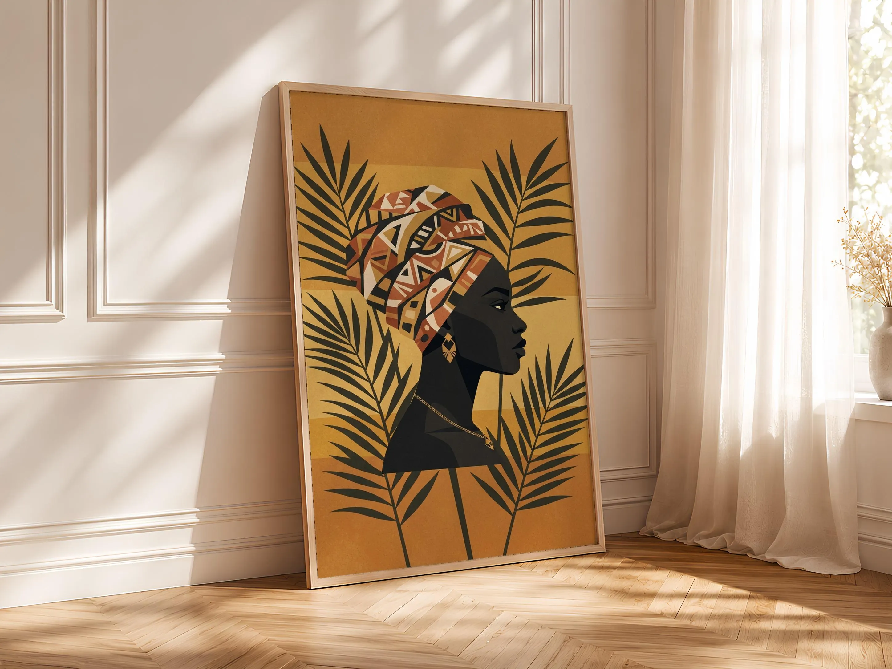 Turban Silhouette Wall Art, Afrocentric Portrait Poster, Palm Leaf Print, Entryway Decor, Housewarming Gift – Calm Wall Art by Artsify thumbnail 4