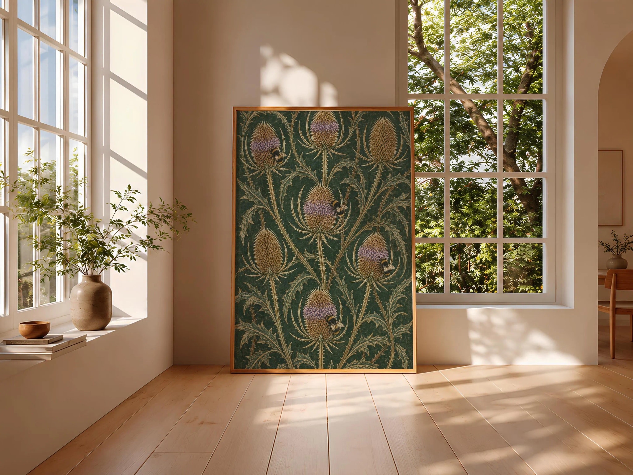 Teasel Botanical Print, William Morris Style Wall Art, Bumblebee Garden Poster, Moss Green Cottagecore Decor, Housewarming Gift – Calm Wall Art by Artsify thumbnail 3