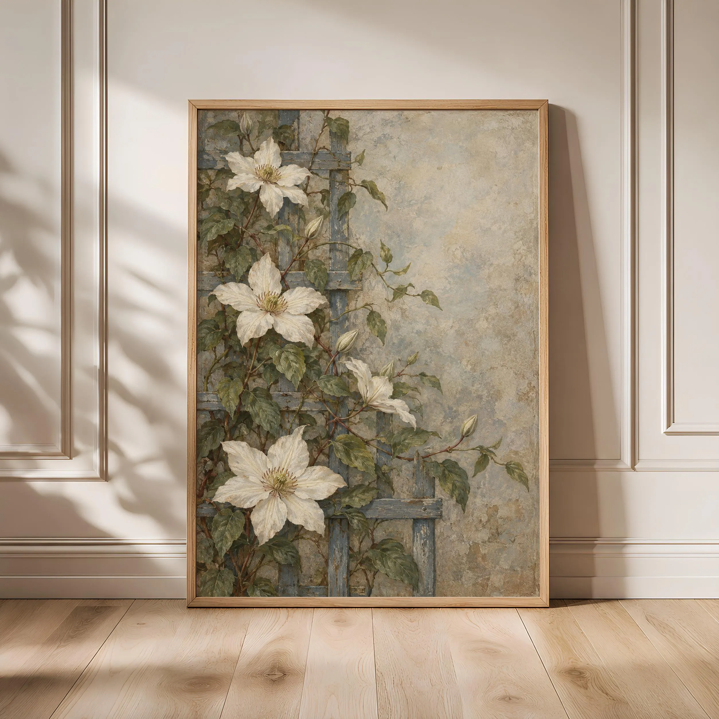 White Clematis Wall Art, Arts and Crafts Floral Painting, Blue Sage Decor – Calm Wall Art by Artsify