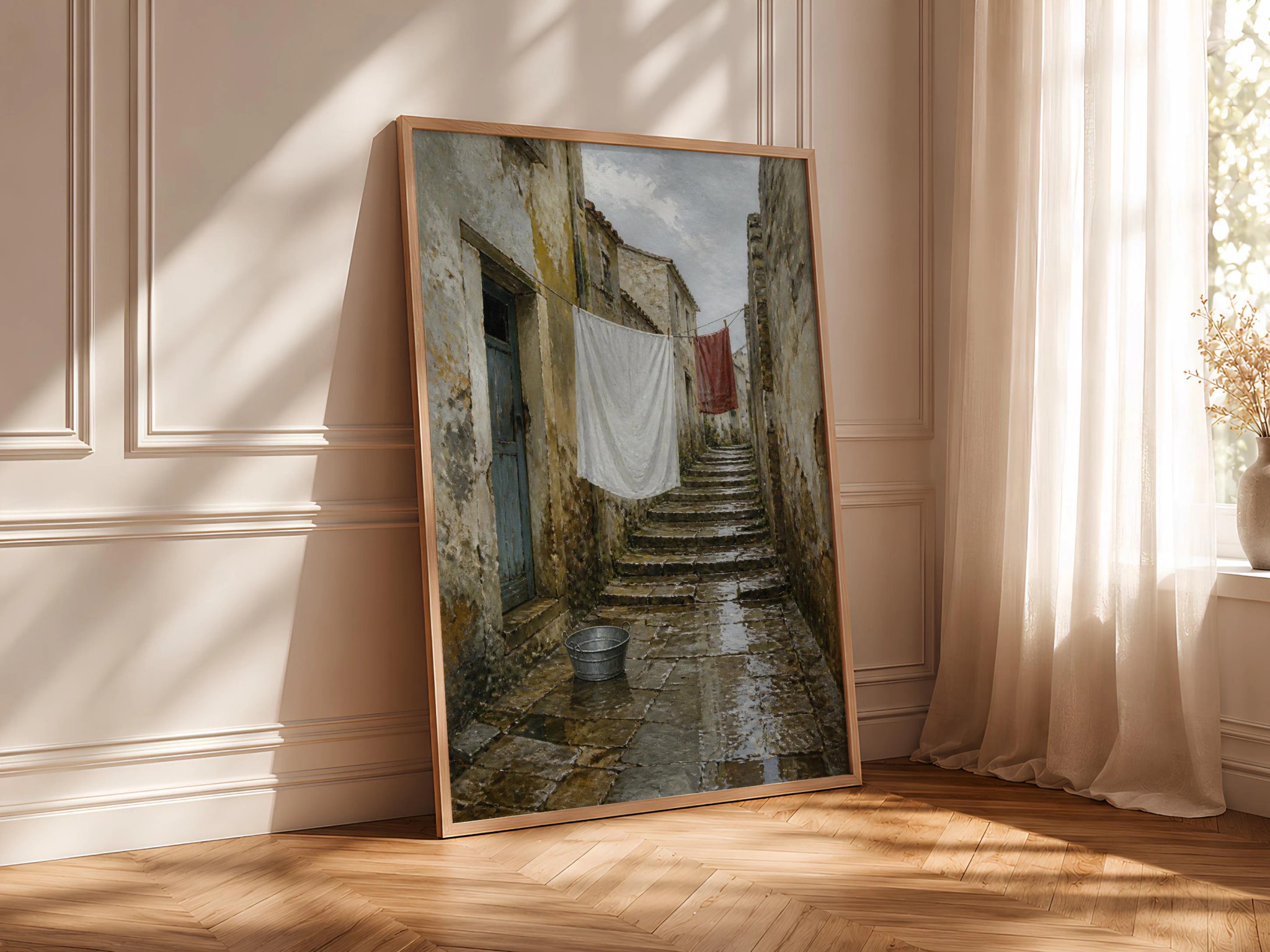 Rainy Mediterranean Alley Wall Art, Vintage Laundry Day Oil Painting, European Street Print – Calm Wall Art by Artsify thumbnail 4