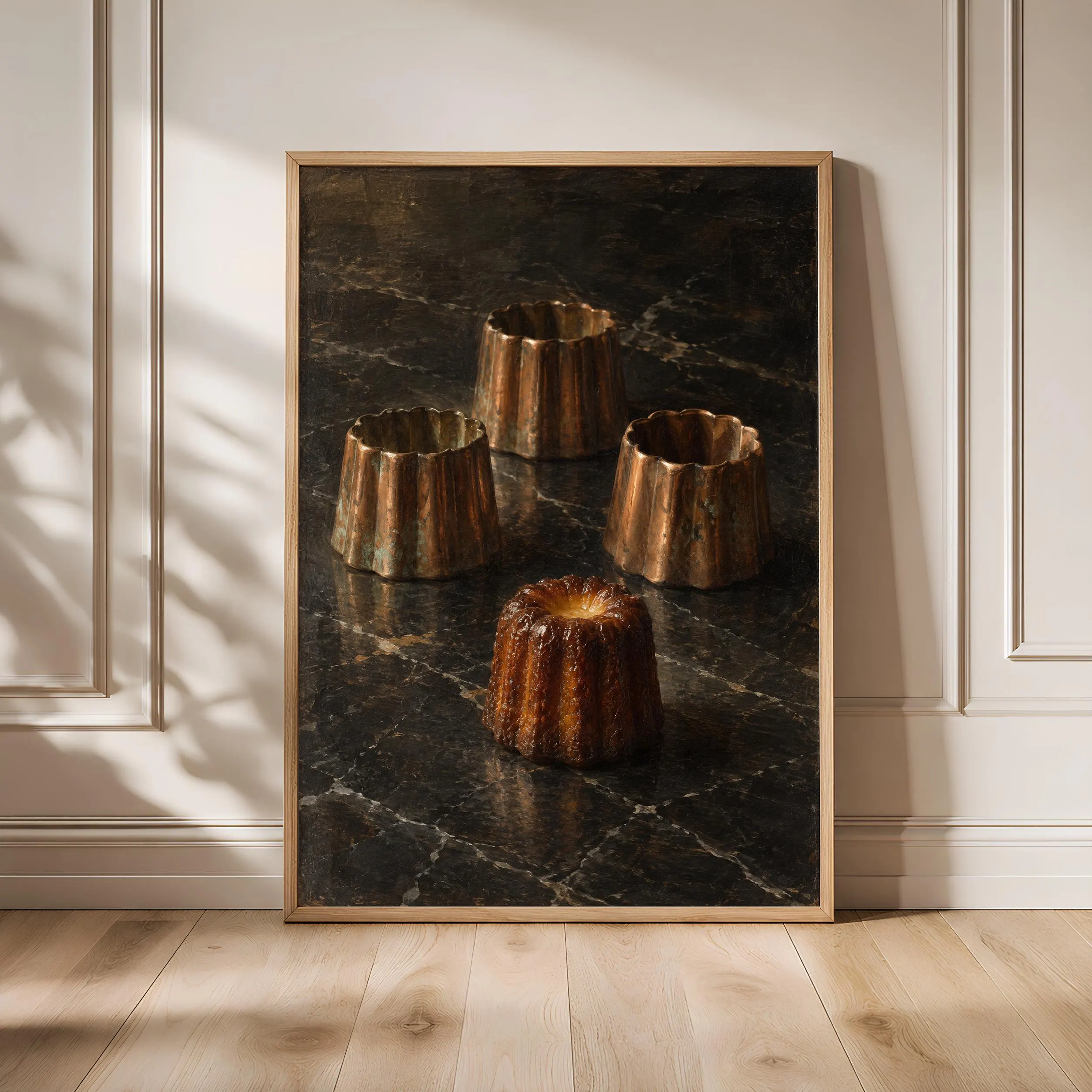 Baked Canele Still Life Wall Art, French Bakery Oil Painting, Dark Marble Kitchen Decor – Calm Wall Art by Artsify