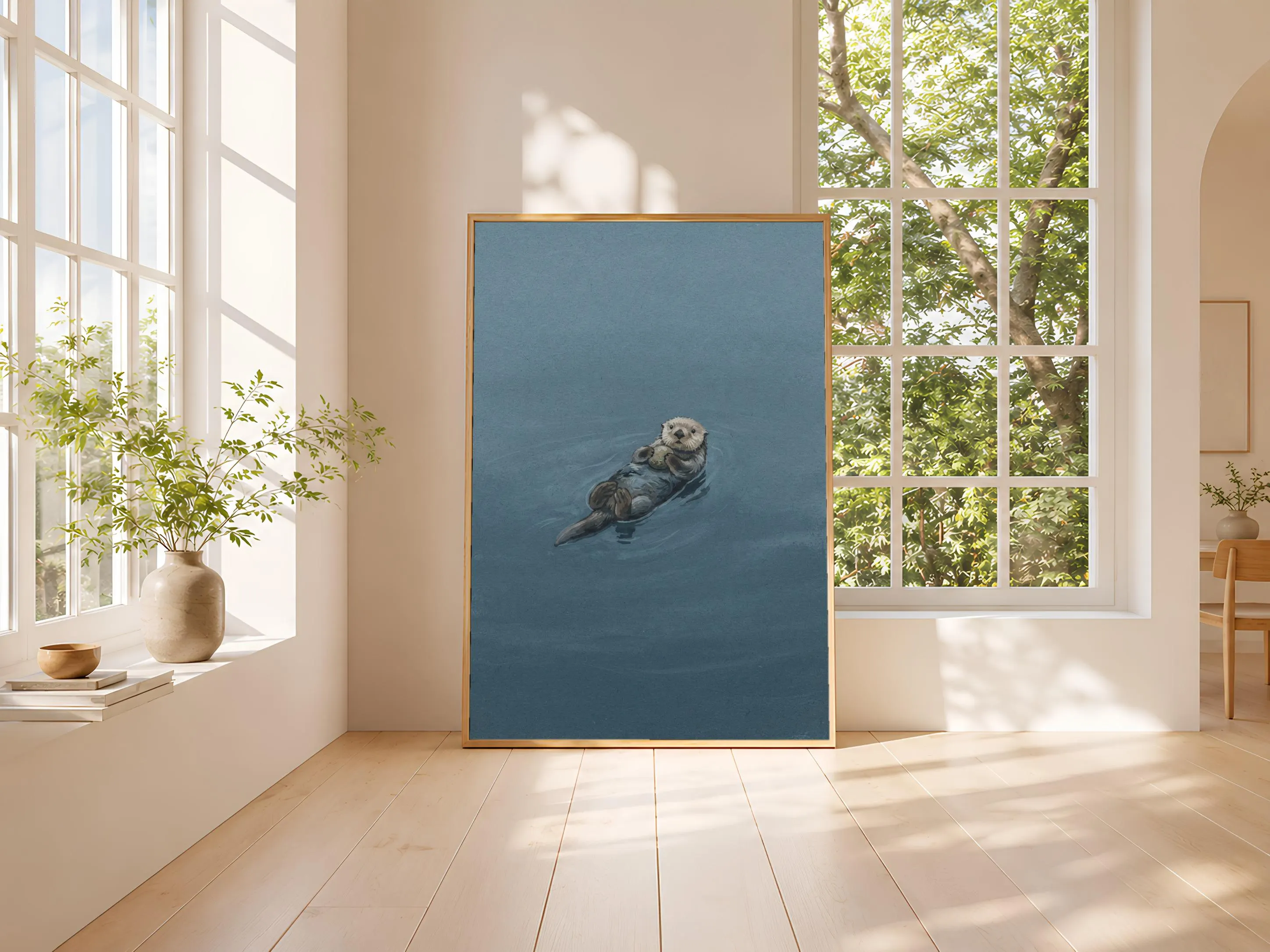 Otter Wall Art, Slate Blue Minimalist Wildlife Painting, Vintage River Print, Housewarming Gift – Calm Wall Art by Artsify thumbnail 3