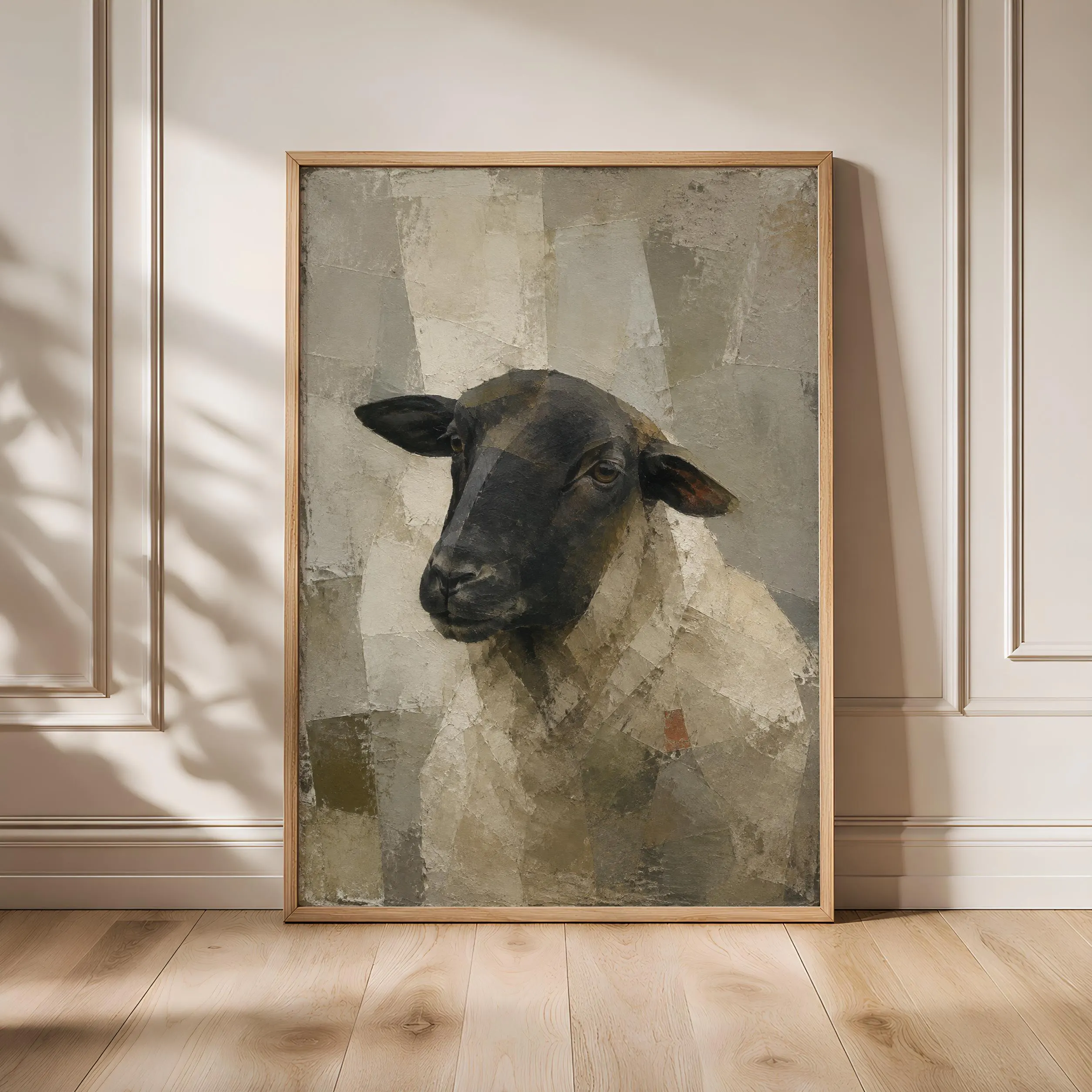 Black-Faced Sheep Wall Art, Geometric Animal Oil Painting – Calm Wall Art by Artsify