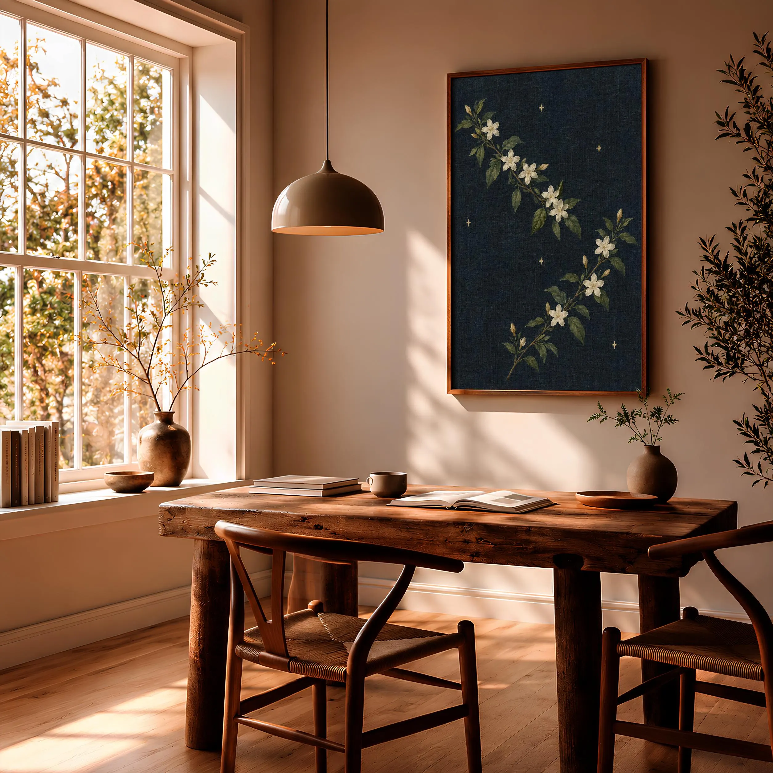 Night Jasmine Wall Art, Dark Blue Arts and Crafts Floral Painting – Calm Wall Art by Artsify thumbnail 2