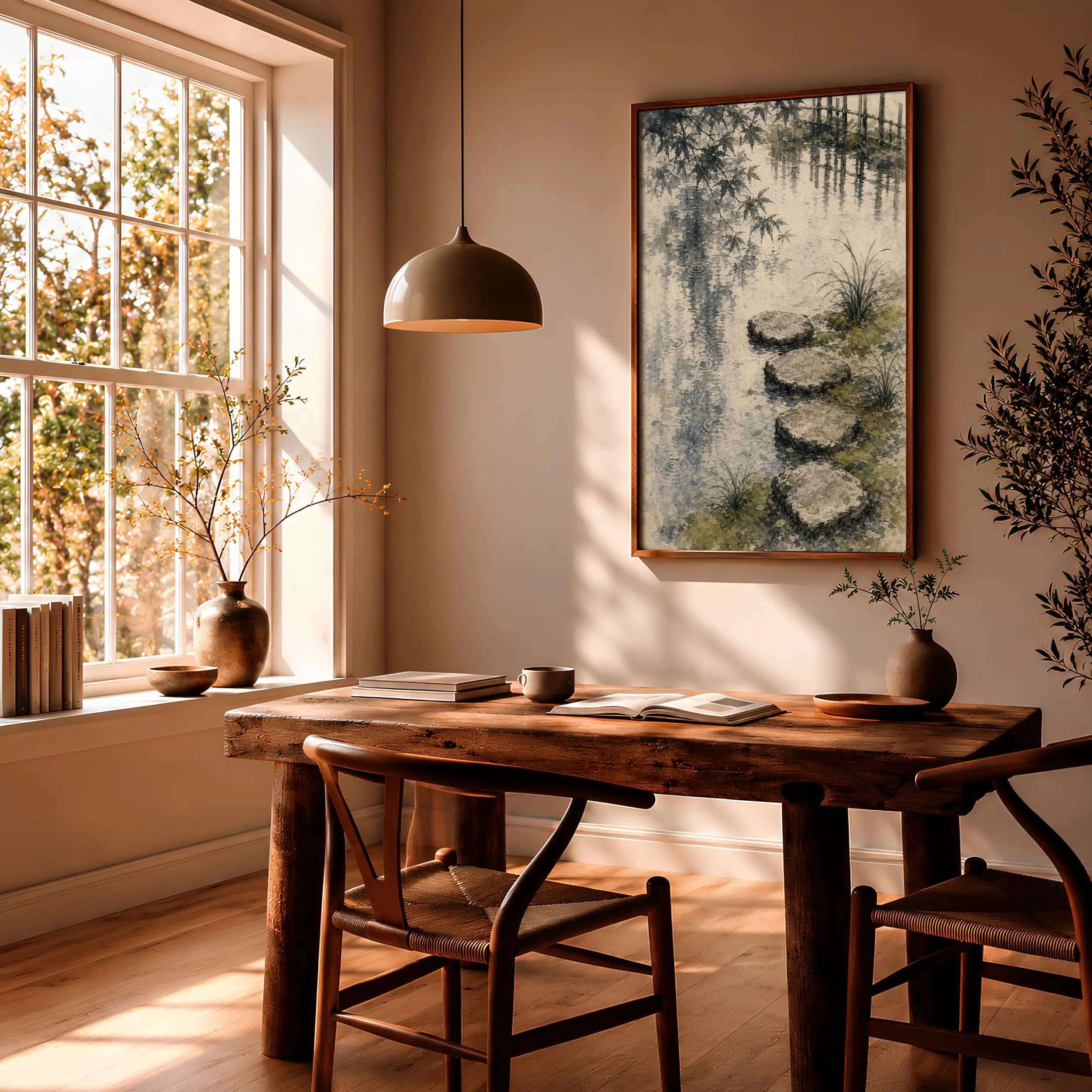Japanese Tea Garden Print, Stepping Stone Wall Art, Sumi E Pond Poster, Japandi Zen Decor, Housewarming Gift – Calm Wall Art by Artsify thumbnail 2