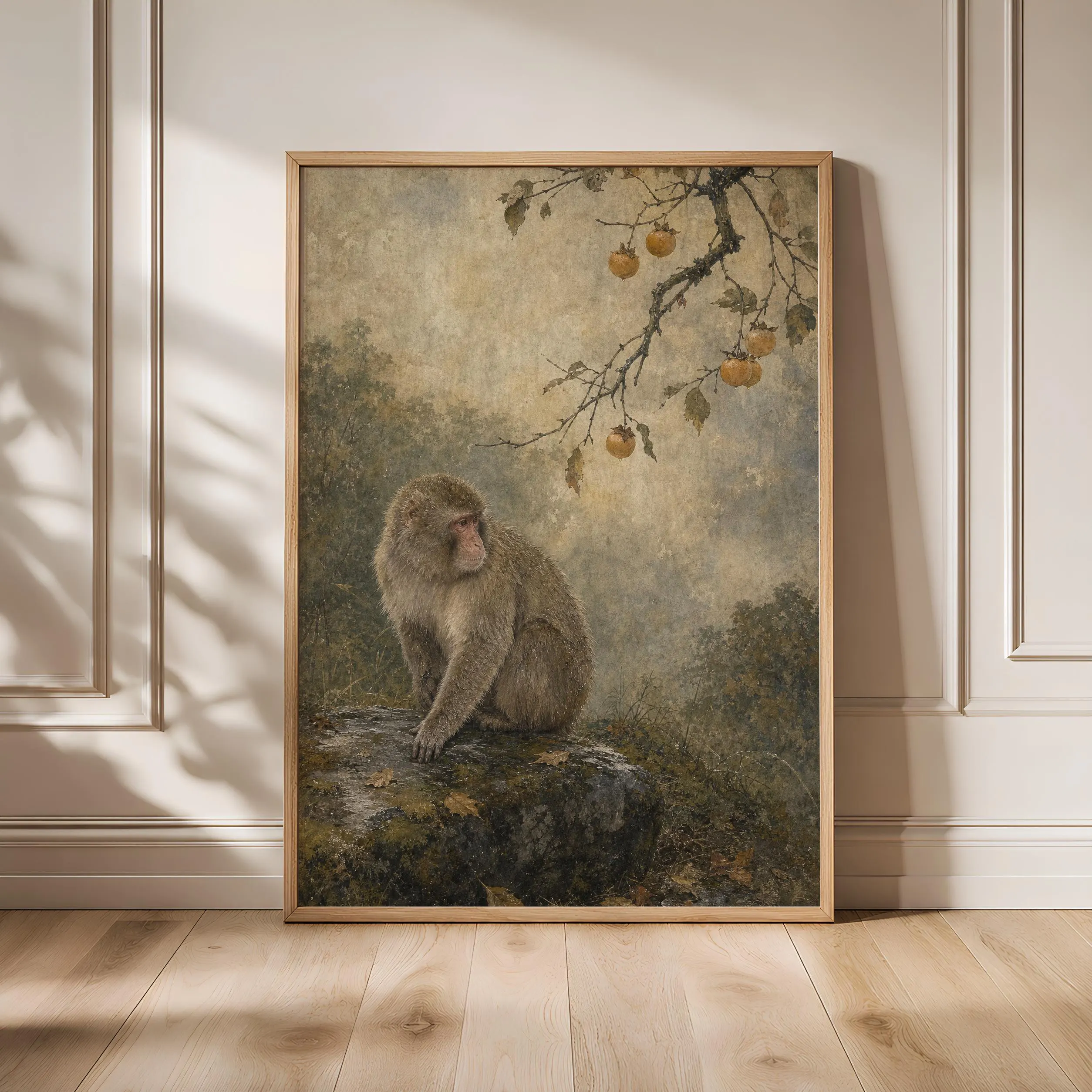 Japanese Macaque Painting Print, Persimmon Wildlife Wall Art, Rainy Forest Poster, Woodland Animal Decor, Housewarming Gift – Calm Wall Art by Artsify