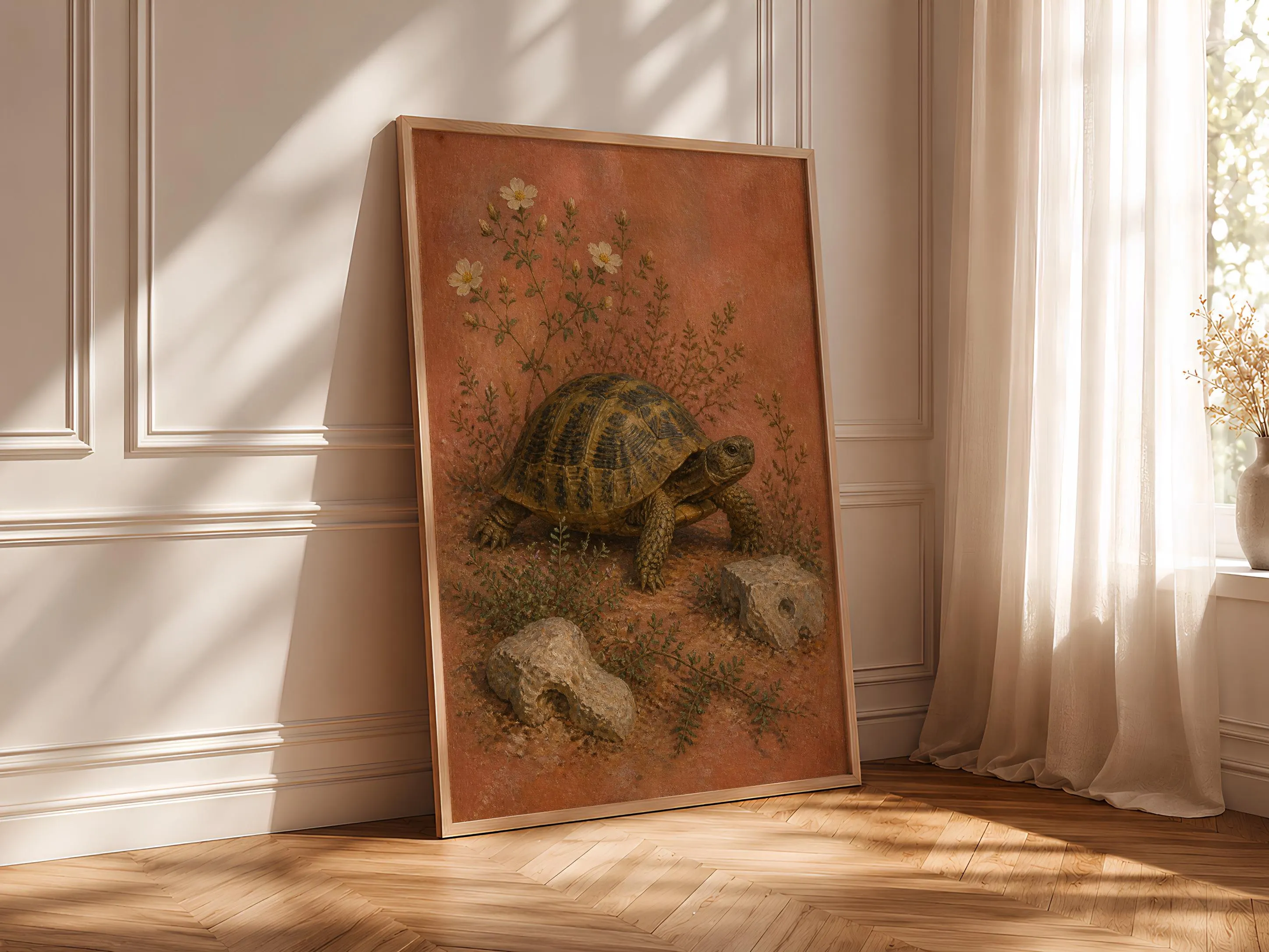 Greek Tortoise Wall Art, Arts and Crafts Reptile Oil Painting, Mediterranean Botanical Decor – Calm Wall Art by Artsify thumbnail 4
