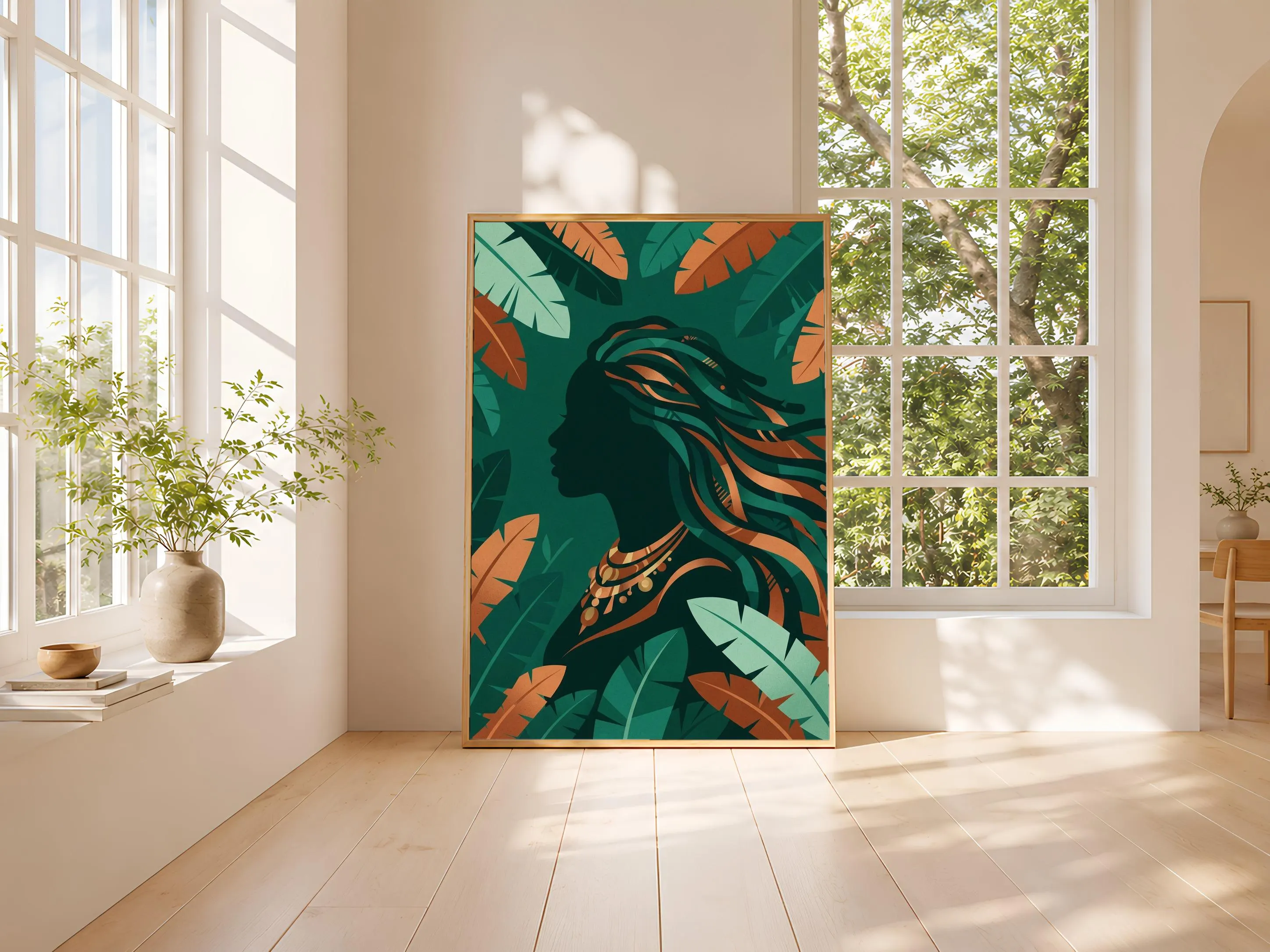 Locs Silhouette Wall Art, Afrocentric Portrait Poster, Banana Leaf Print, Office Decor, Housewarming Gift – Calm Wall Art by Artsify thumbnail 3