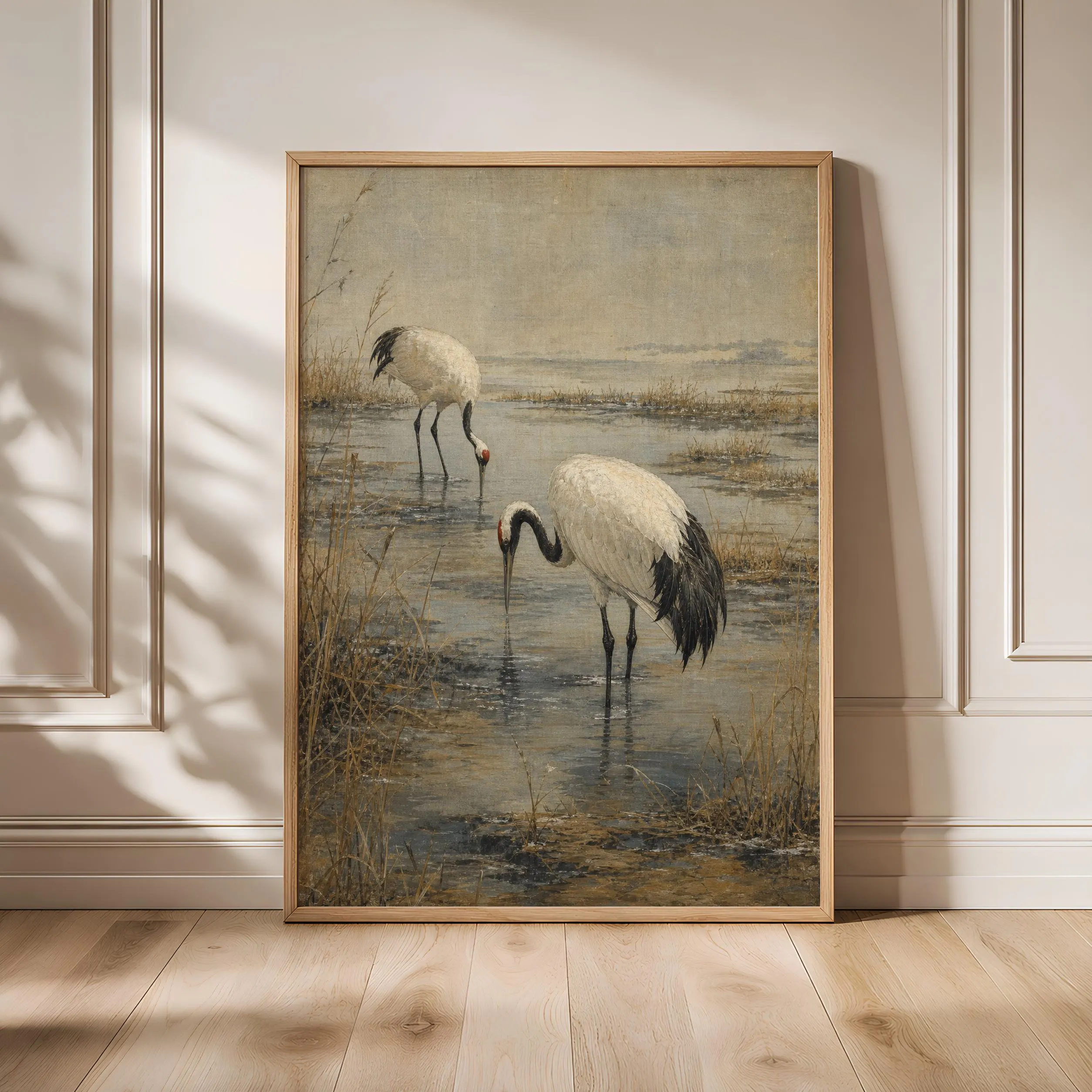 Winter Crane Painting Print, Japanese Bird Wall Art, Reed Marsh Poster, Snowy Wildlife Decor, Housewarming Gift – Calm Wall Art by Artsify