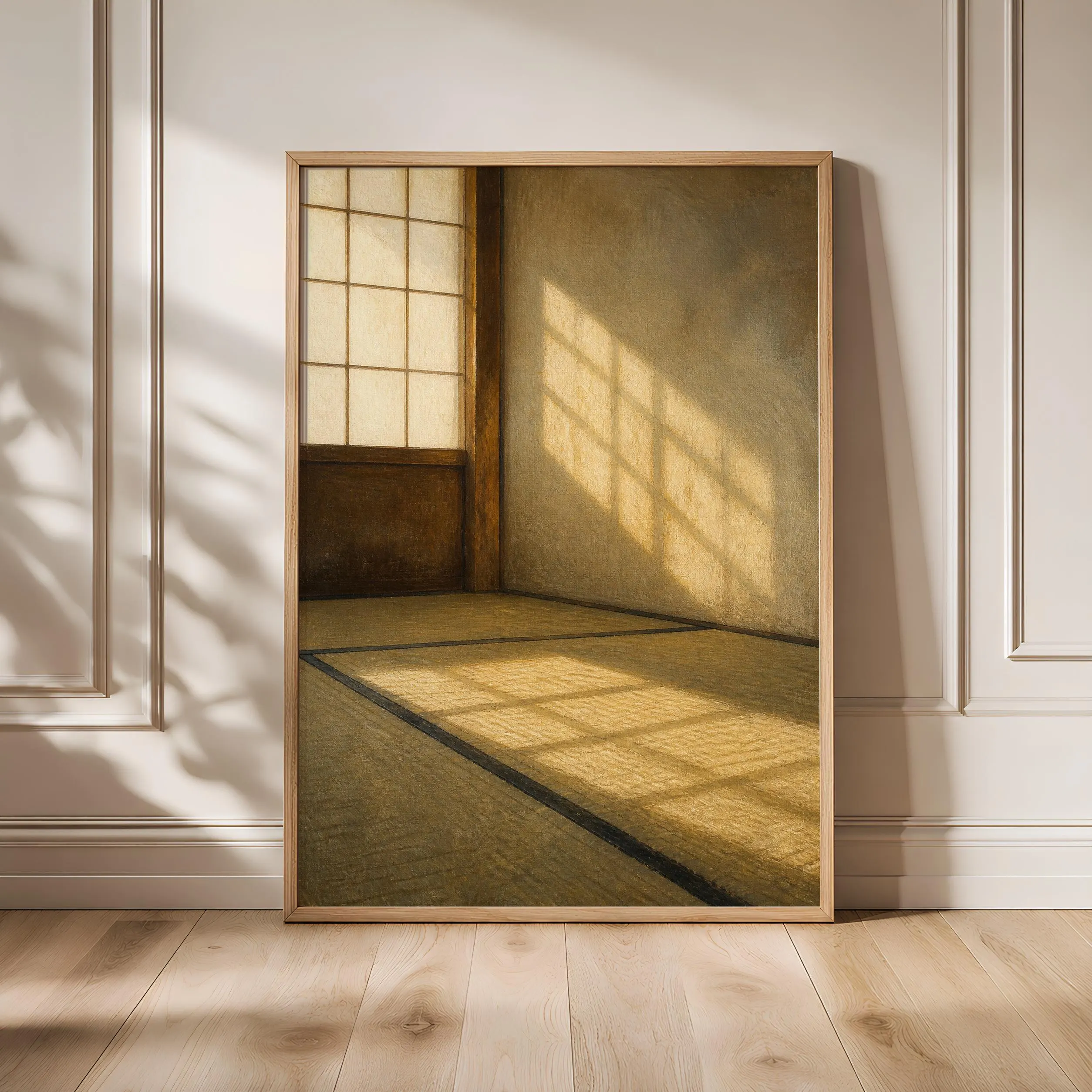 Tatami Room Wall Art, Japanese Interior Painting, Golden Morning Light Decor Print – Calm Wall Art by Artsify