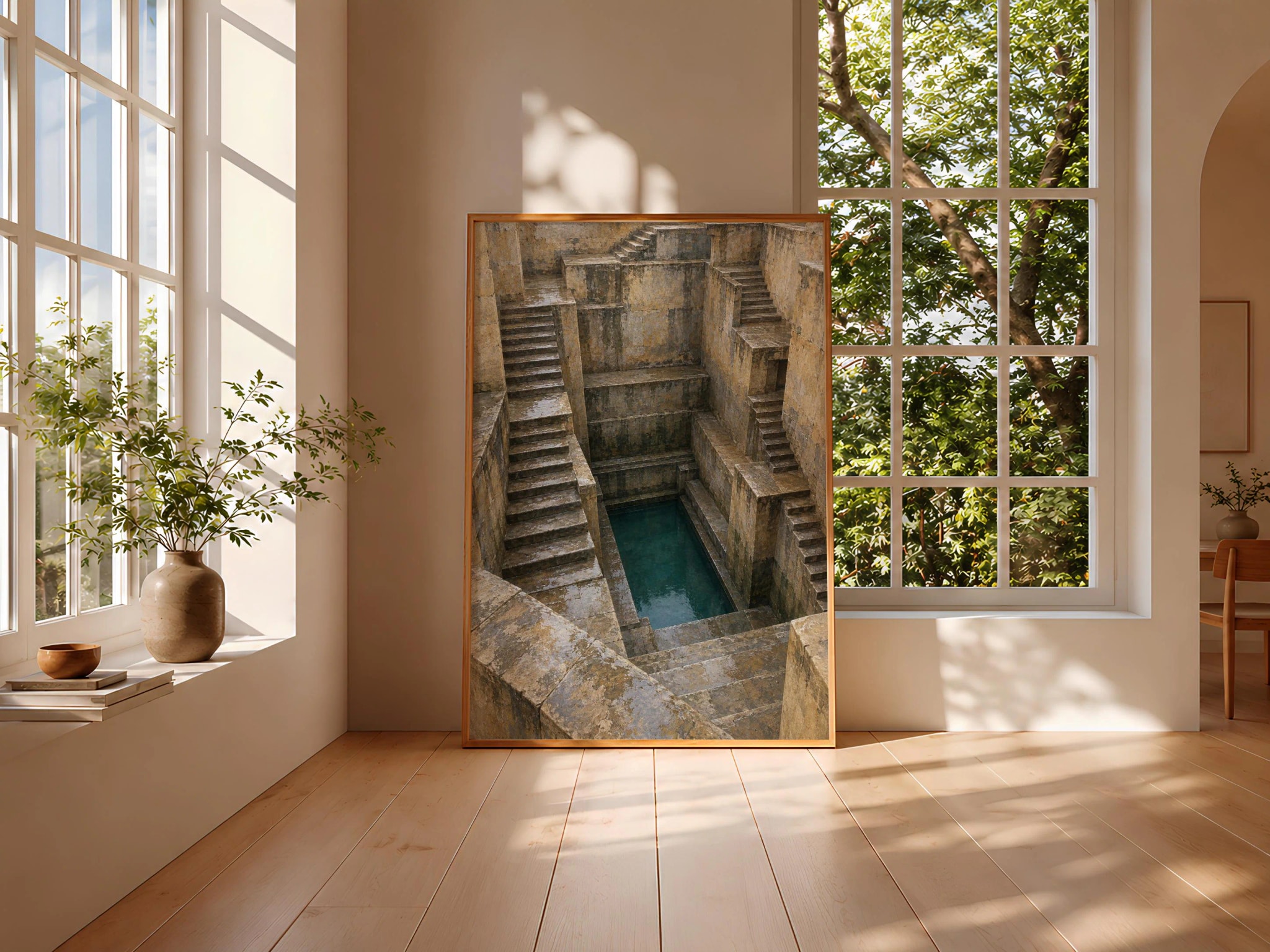 Indian Stepwell Wall Art, Moody Architectural Tempera Painting, Earth Tone Decor – Calm Wall Art by Artsify thumbnail 3