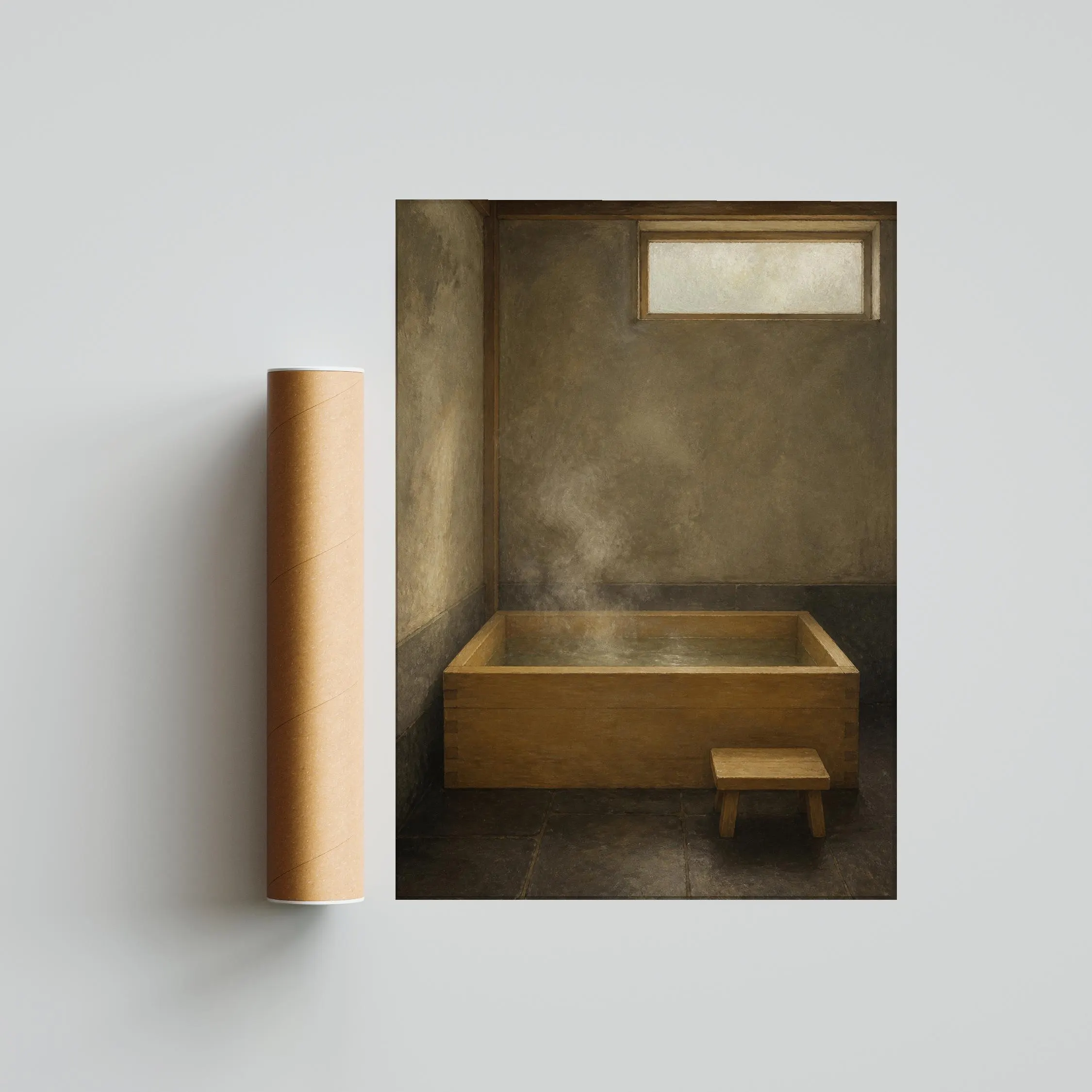 Hinoki Bathtub Wall Art, Japanese Bathhouse Painting, Steamy Wood Bath Decor Print – Calm Wall Art by Artsify thumbnail 5