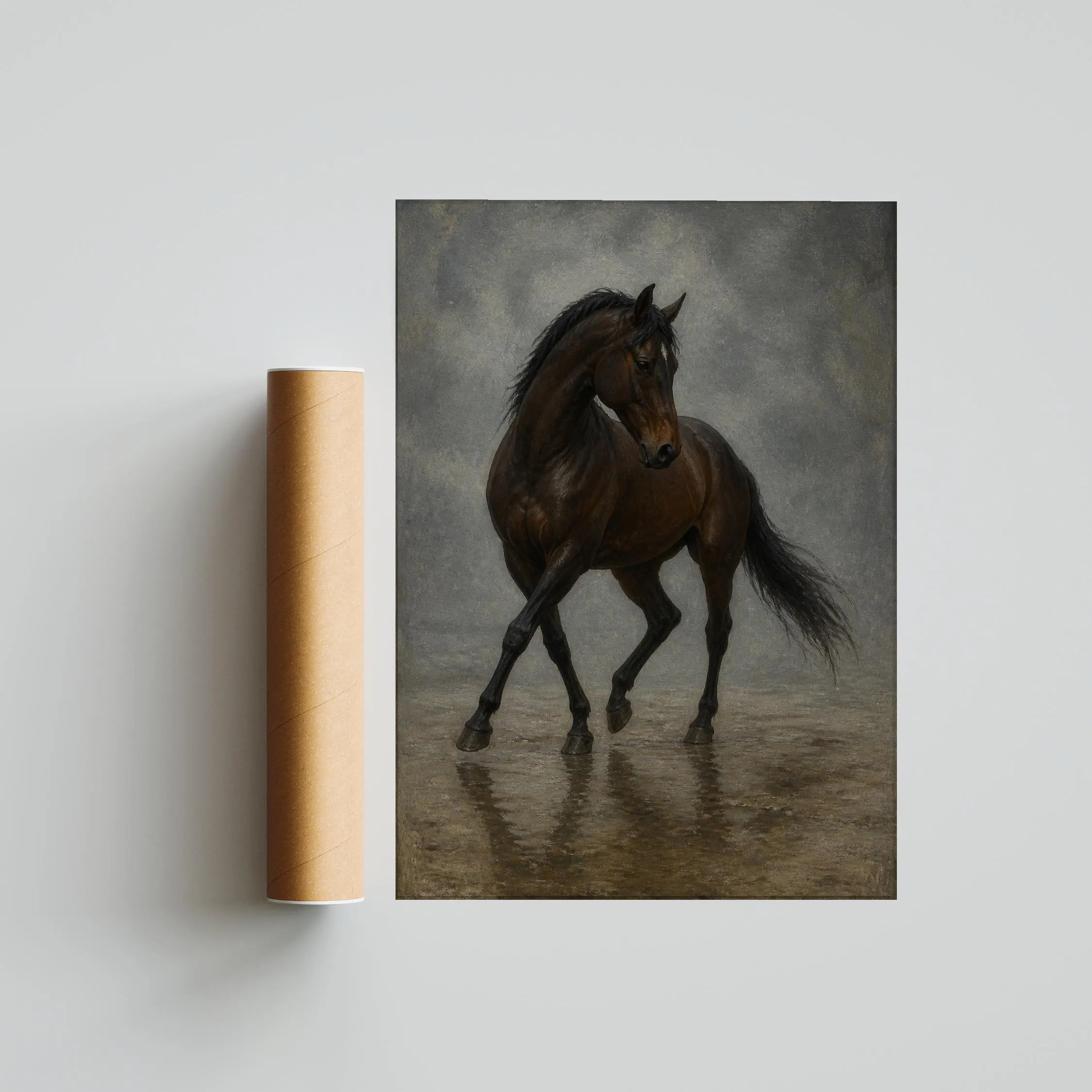 Bay Horse Wall Art, Moody Equestrian Painting, Misty Rain Rustic Decor Print – Calm Wall Art by Artsify thumbnail 5
