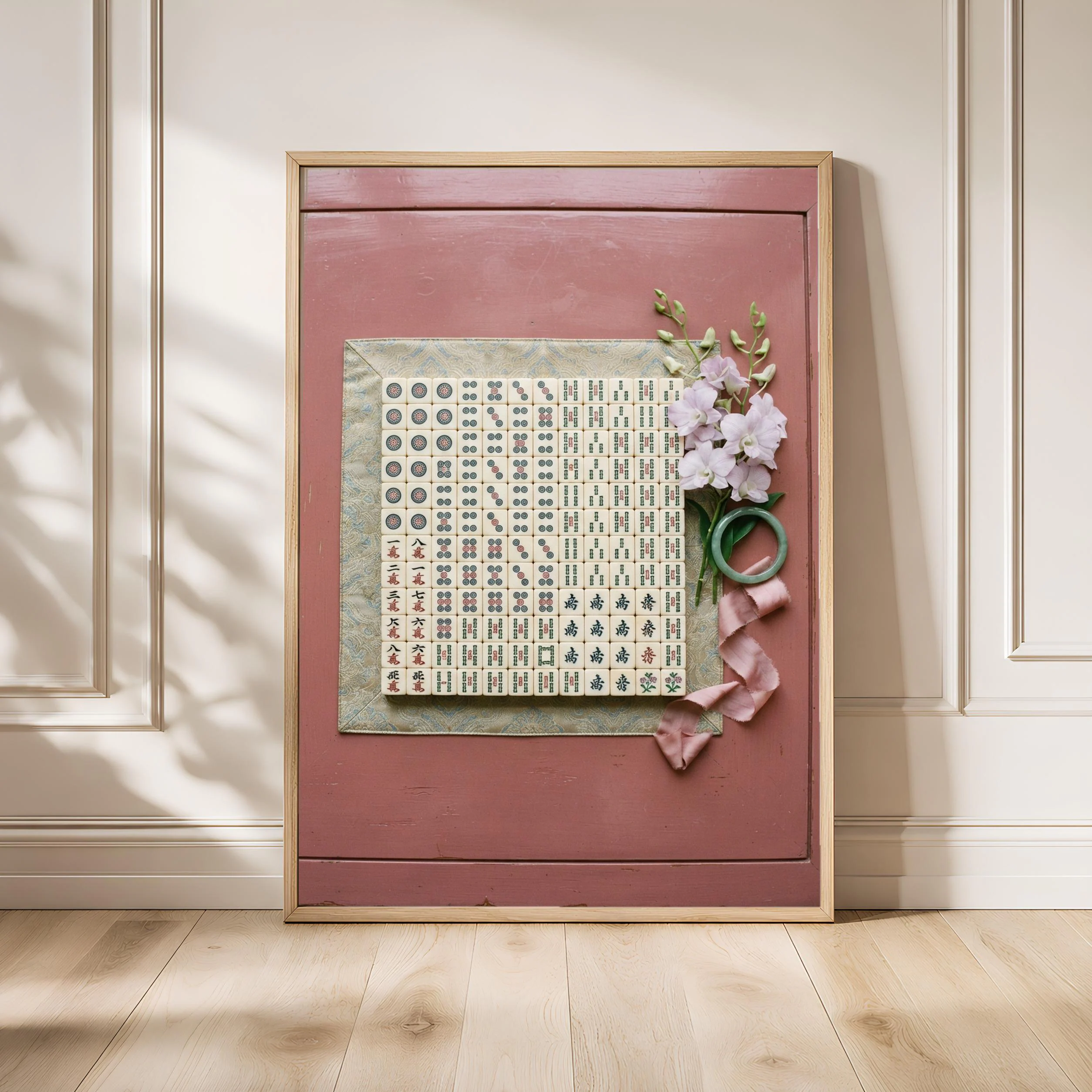 Mahjong Orchid Still Life Print, Chinoiserie Game Room Poster, Dusty Rose Wall Art, Housewarming Gift – Calm Wall Art by Artsify