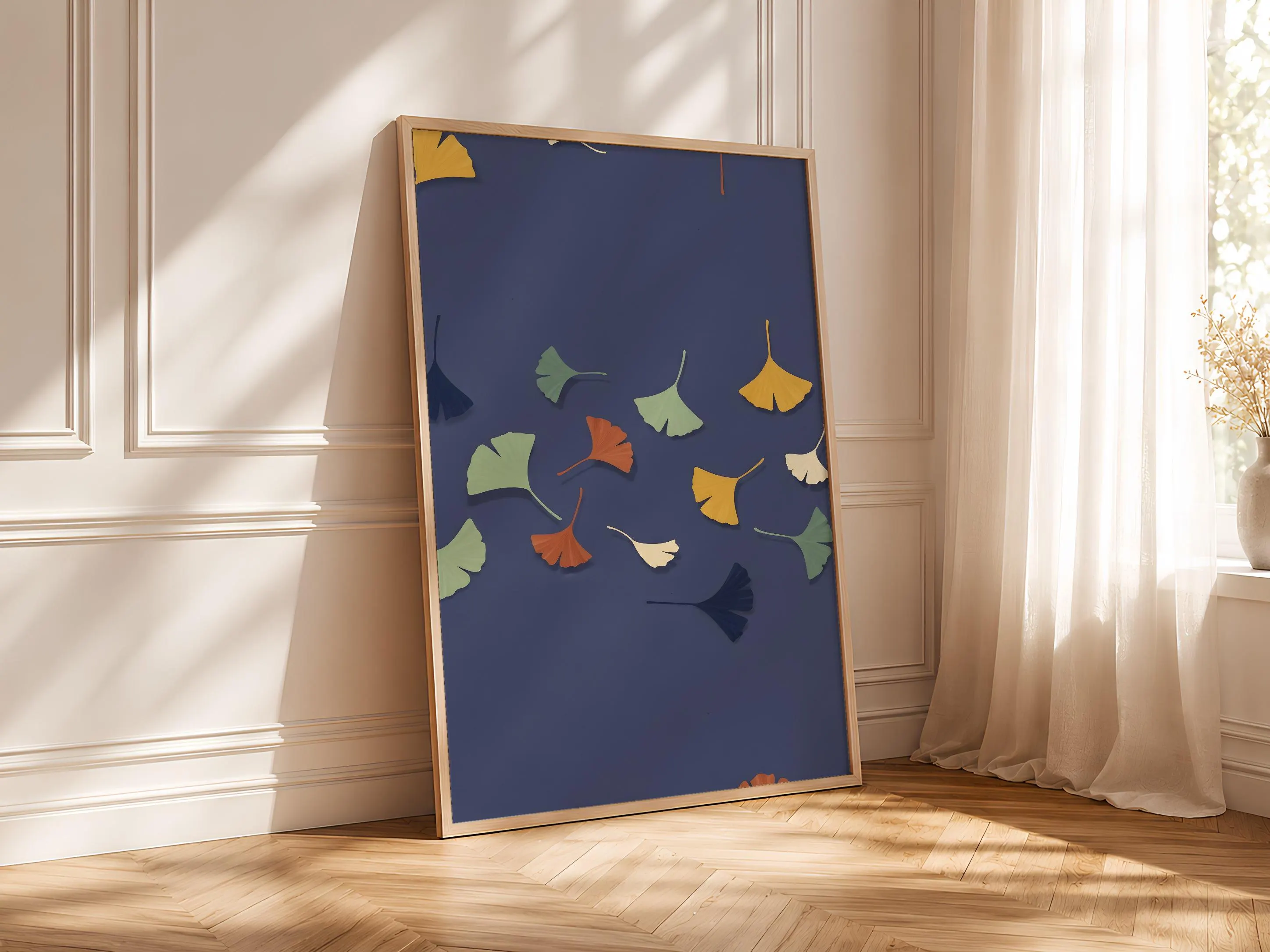 Ginkgo Leaf Art Print, Japanese Botanical Poster, Indigo Minimalist Wall Art, Zen Nature Decor, A1/A2/A3/A4, Housewarming Gift – Calm Wall Art by Artsify thumbnail 4