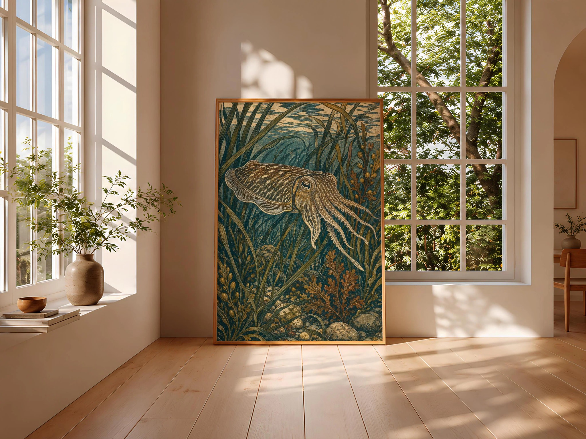 Cuttlefish Wall Art Print, Vintage Ocean Poster, Arts and Crafts Sea Life Decor, Dark Coastal Wall Art, Housewarming Gift – Calm Wall Art by Artsify thumbnail 3