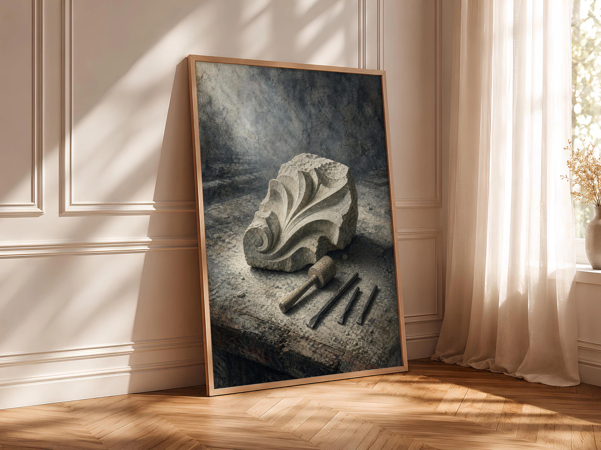 Stone Carver Wall Art, Rustic Sculptor Still Life Painting, Misty Workshop Print – Calm Wall Art by Artsify thumbnail 4