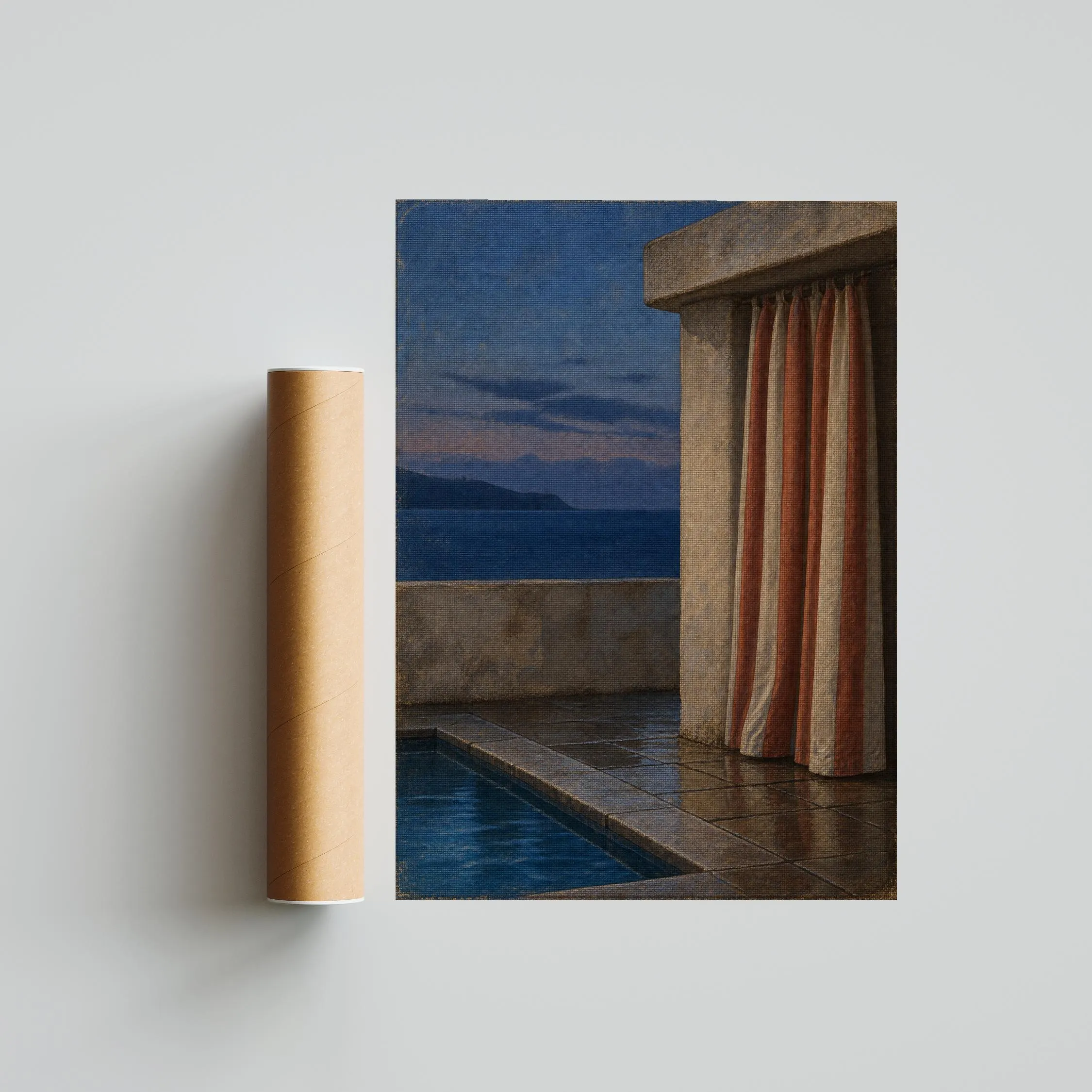 Striped Cabana Wall Art, Blue Hour Poolside Oil Painting, Mediterranean Summer Decor – Calm Wall Art by Artsify thumbnail 5