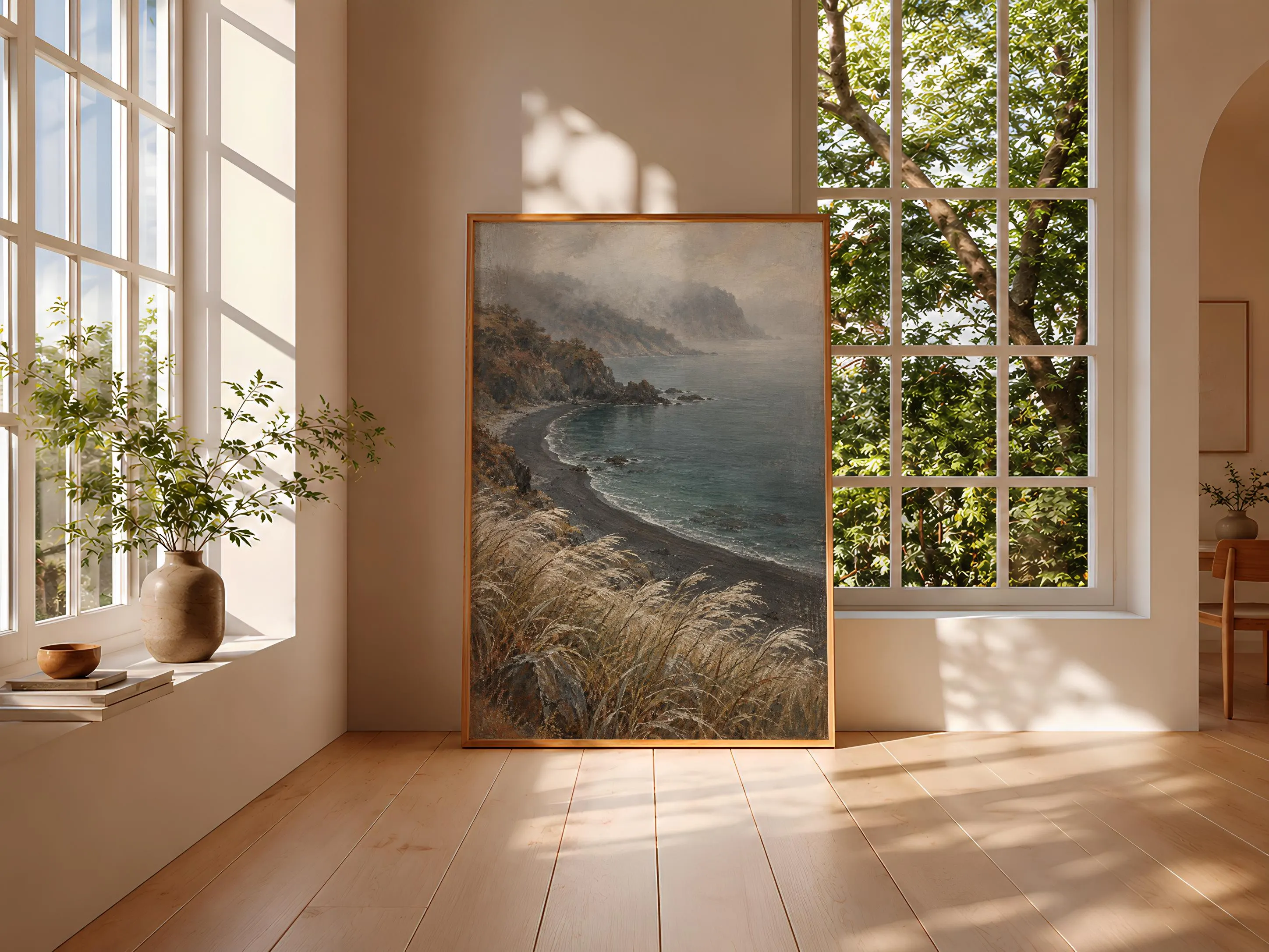 Silver Grass Coastal Wall Art, Misty Volcanic Cove Painting, Neutral Autumn Decor – Calm Wall Art by Artsify thumbnail 3