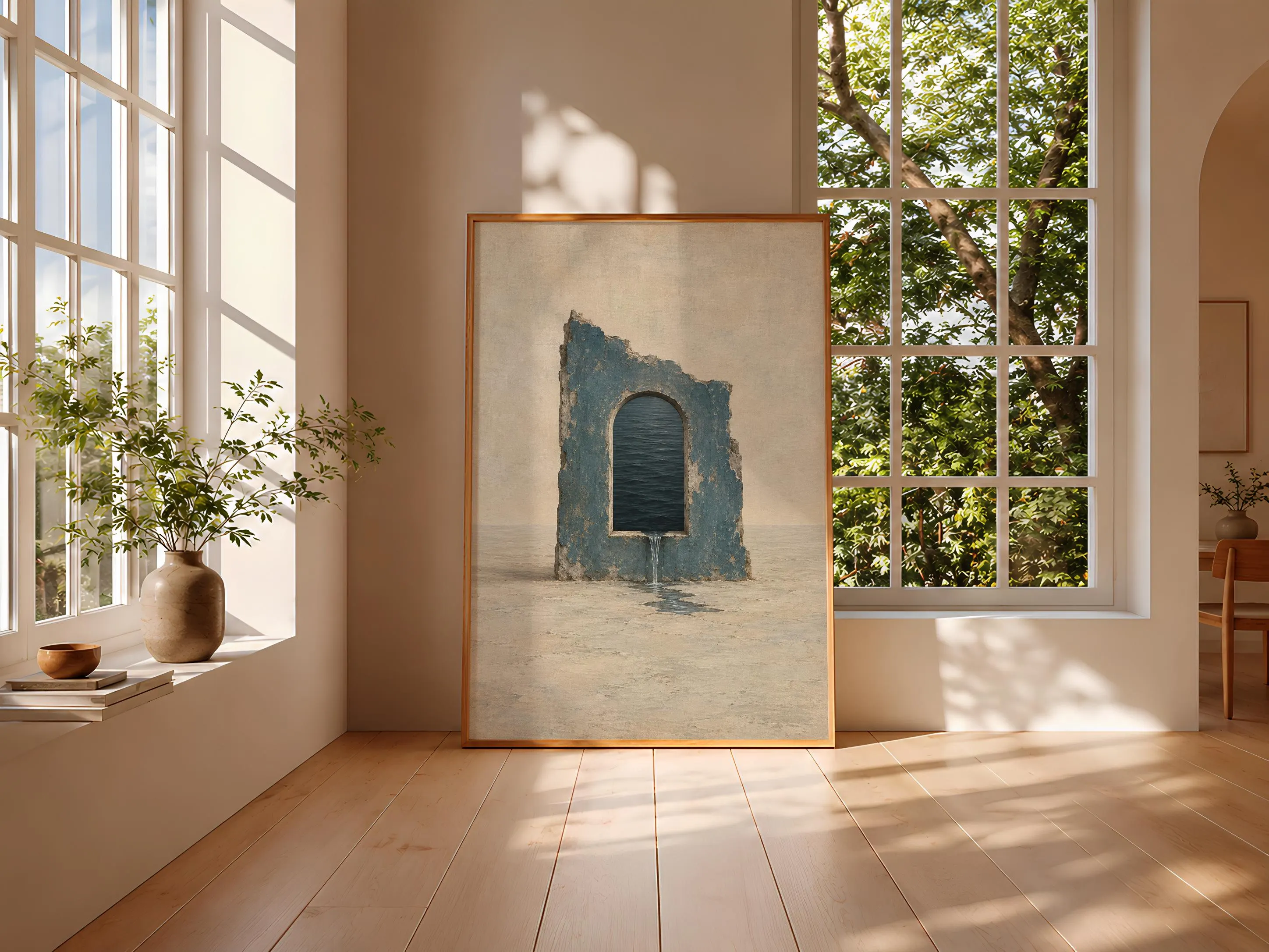 Water Window Wall Art, Minimal Surreal Blue Architecture Painting – Calm Wall Art by Artsify thumbnail 3