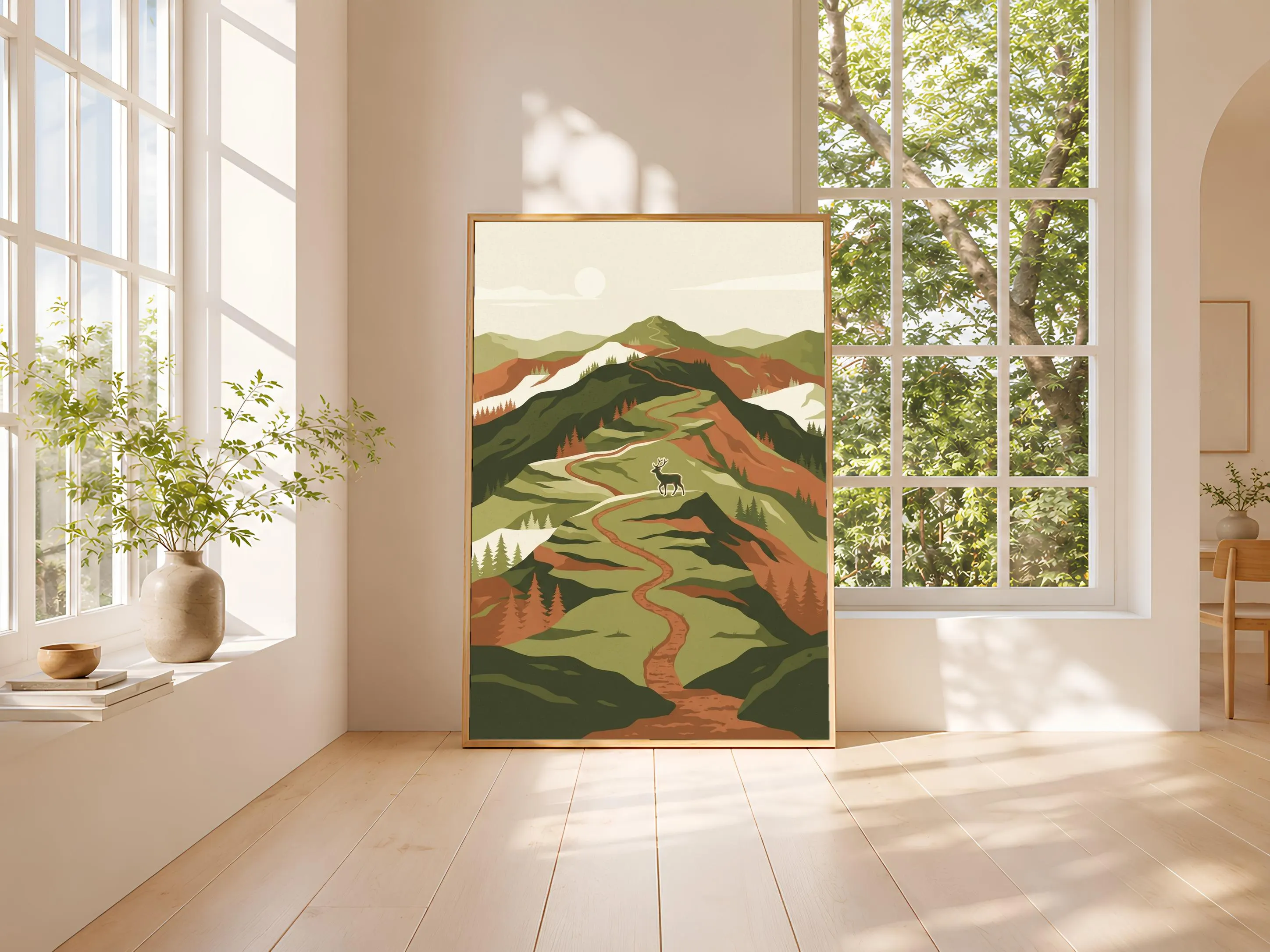 Vintage Hiking Trail Print, Retro Mountain Poster, Deer Wall Art, Office Decor, Housewarming Gift – Calm Wall Art by Artsify thumbnail 3