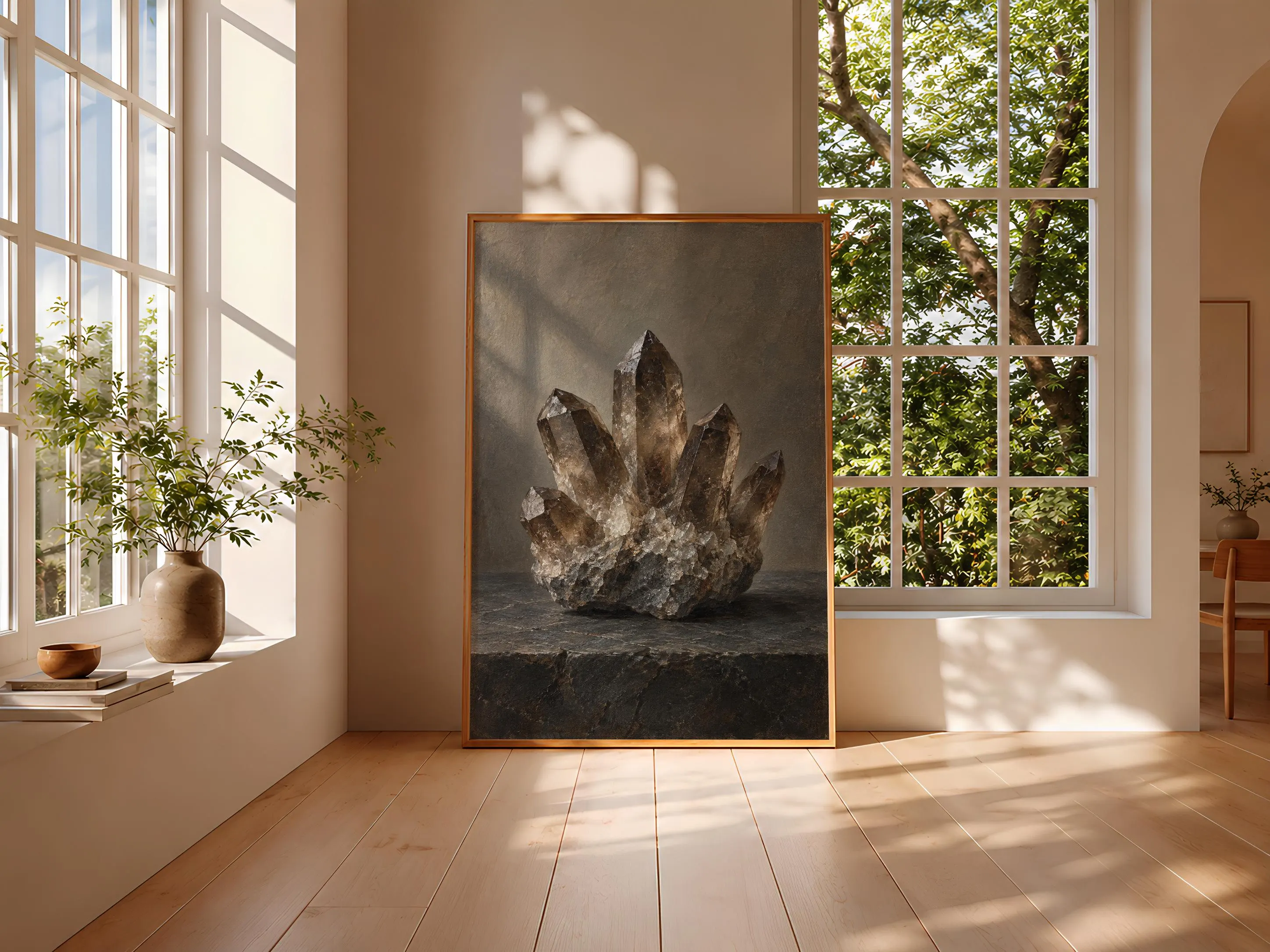 Smoky Quartz Cluster Wall Art, Neutral Geology Oil Painting, Minimalist Study Decor – Calm Wall Art by Artsify thumbnail 3
