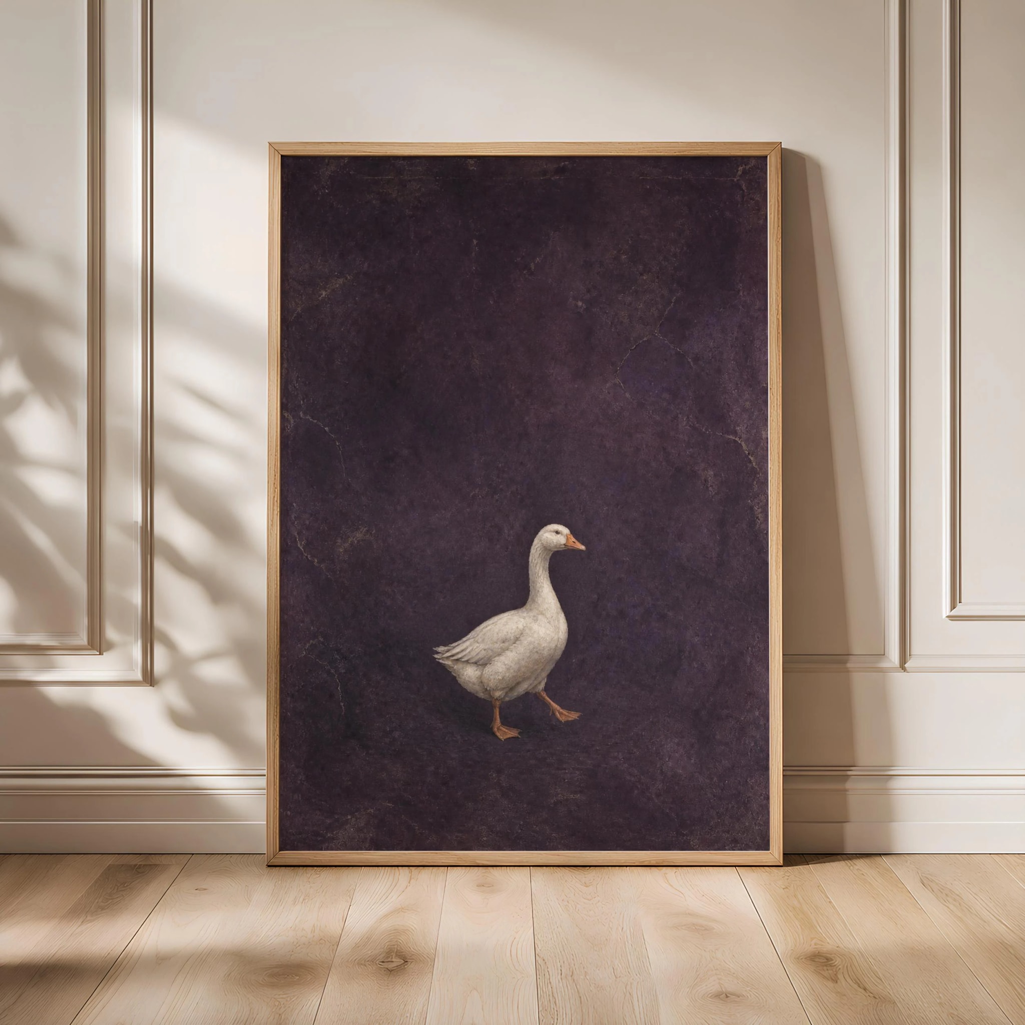 White Goose Wall Art, Aubergine Fresco Farmhouse Painting, Minimalist Animal Print, Housewarming Gift – Calm Wall Art by Artsify
