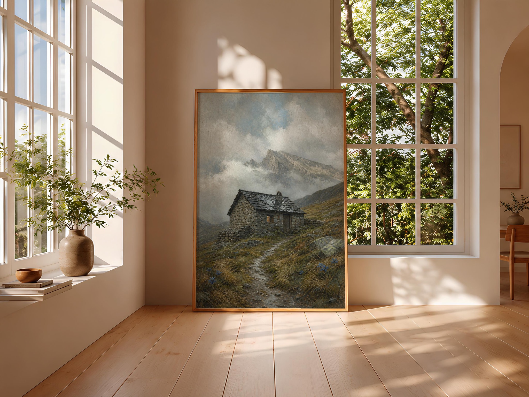 Stone Mountain Hut Wall Art, Realist Oil Painting Alpine Refuge, Misty Grey Mountain Decor Print – Calm Wall Art by Artsify thumbnail 3