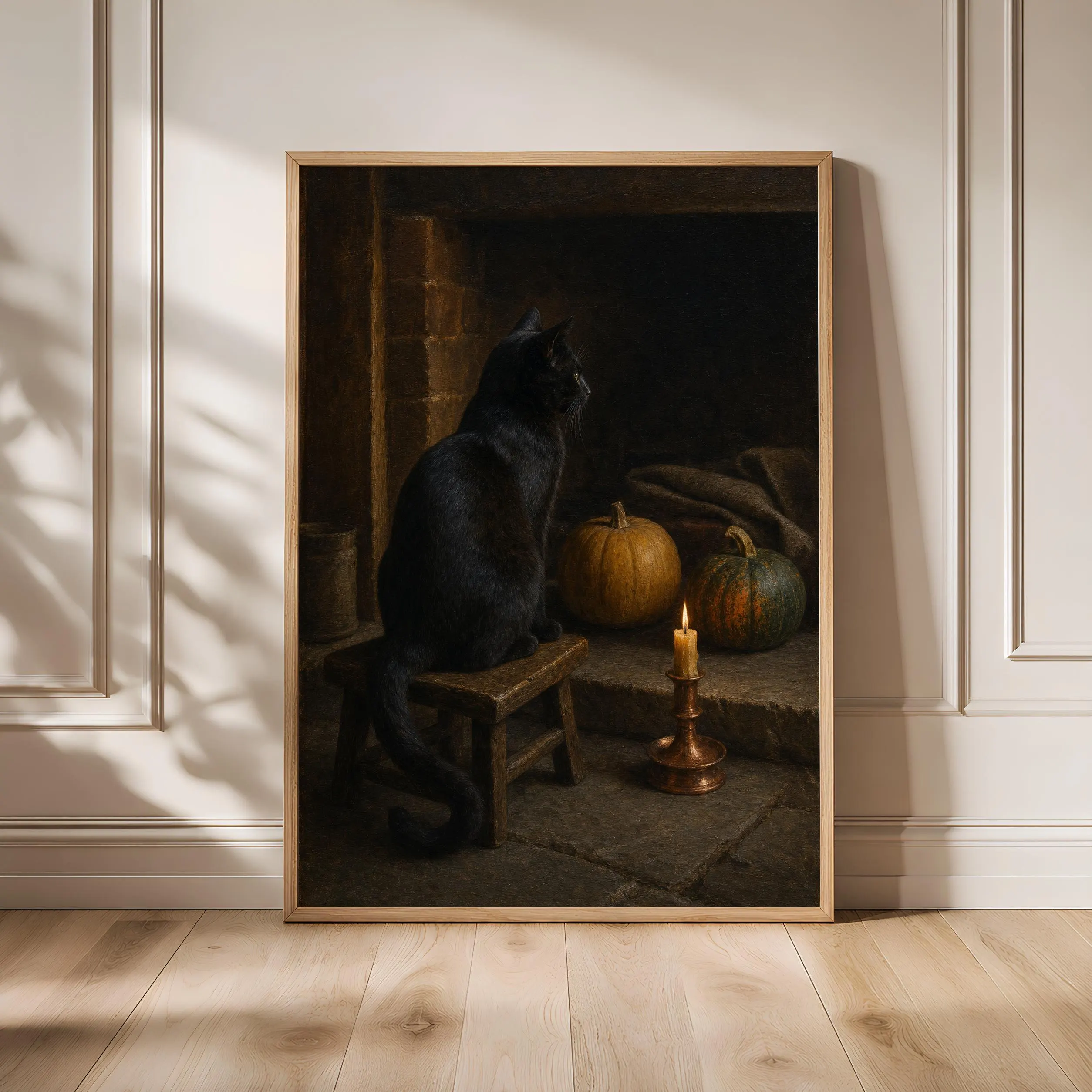 Black Cat Oil Painting Print, Vintage Halloween Wall Art, Gothic Animal Poster, Pumpkin Hearth Decor, Housewarming Gift – Calm Wall Art by Artsify
