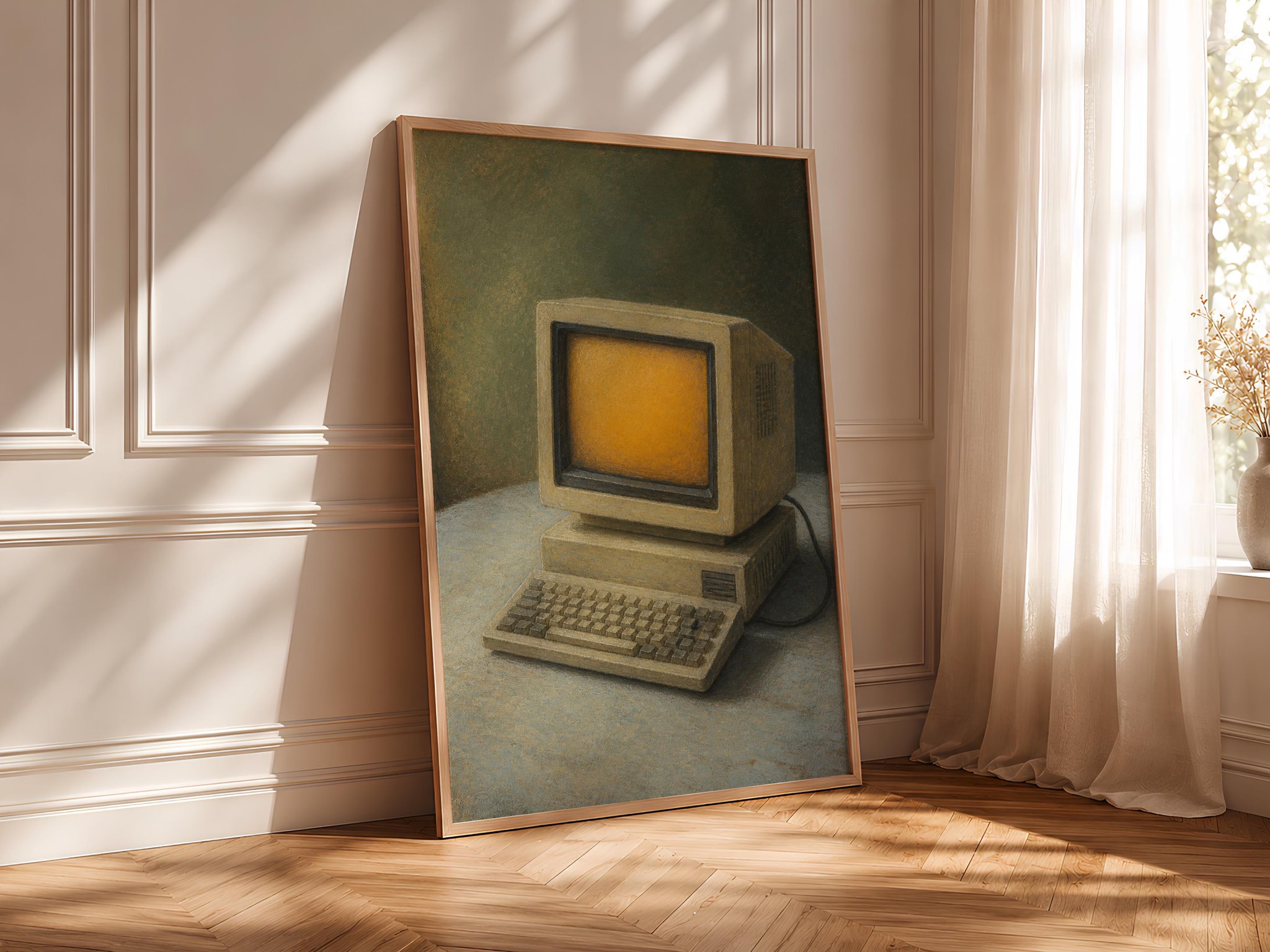 Vintage Computer Wall Art, Retro Tech Still Life Painting, Amber Screen Nostalgic Print – Calm Wall Art by Artsify thumbnail 4