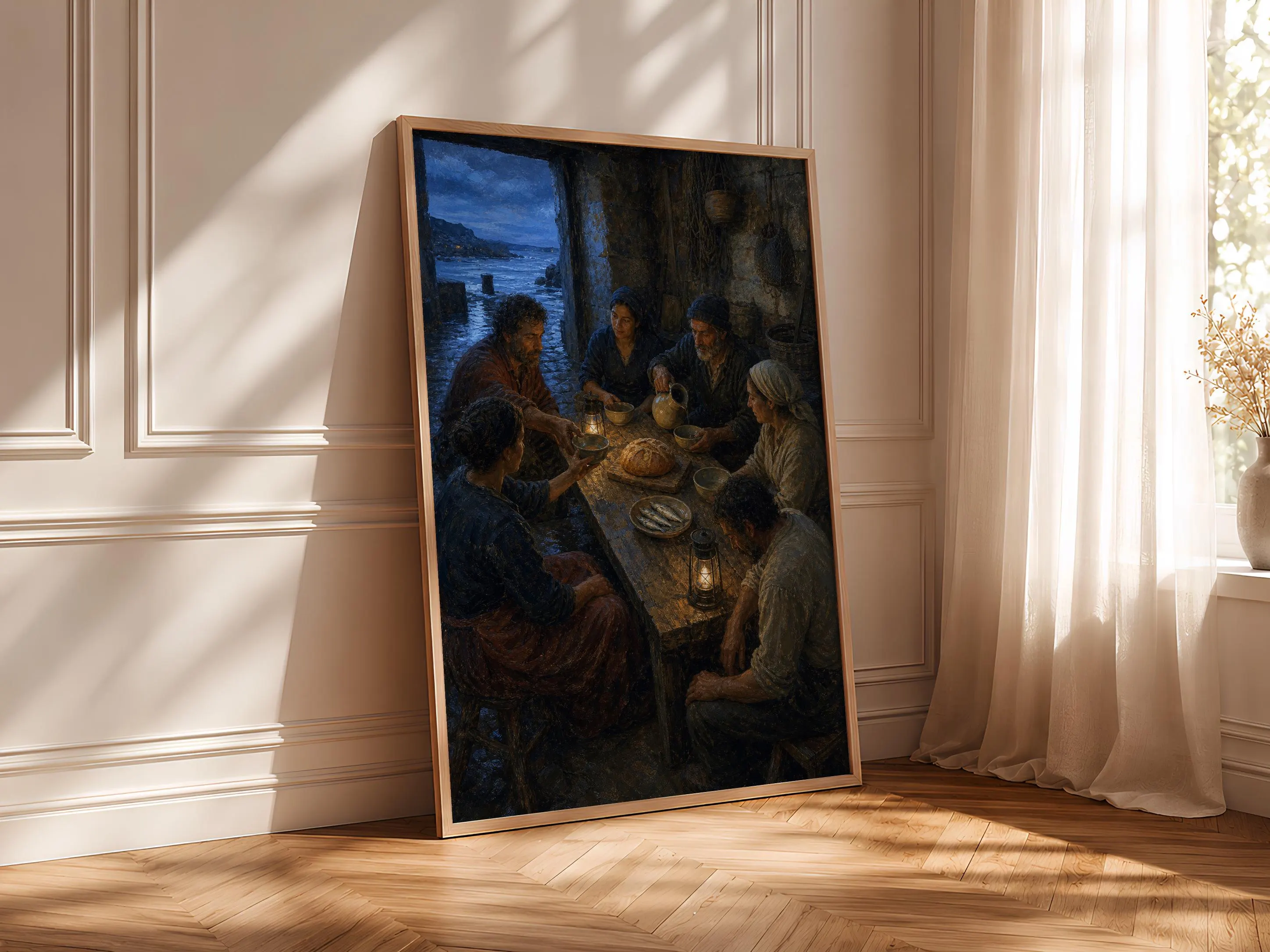 Fisherfolk Blessing Wall Art, Coastal Sacred Supper Painting, Moody Dusk Print – Calm Wall Art by Artsify thumbnail 4
