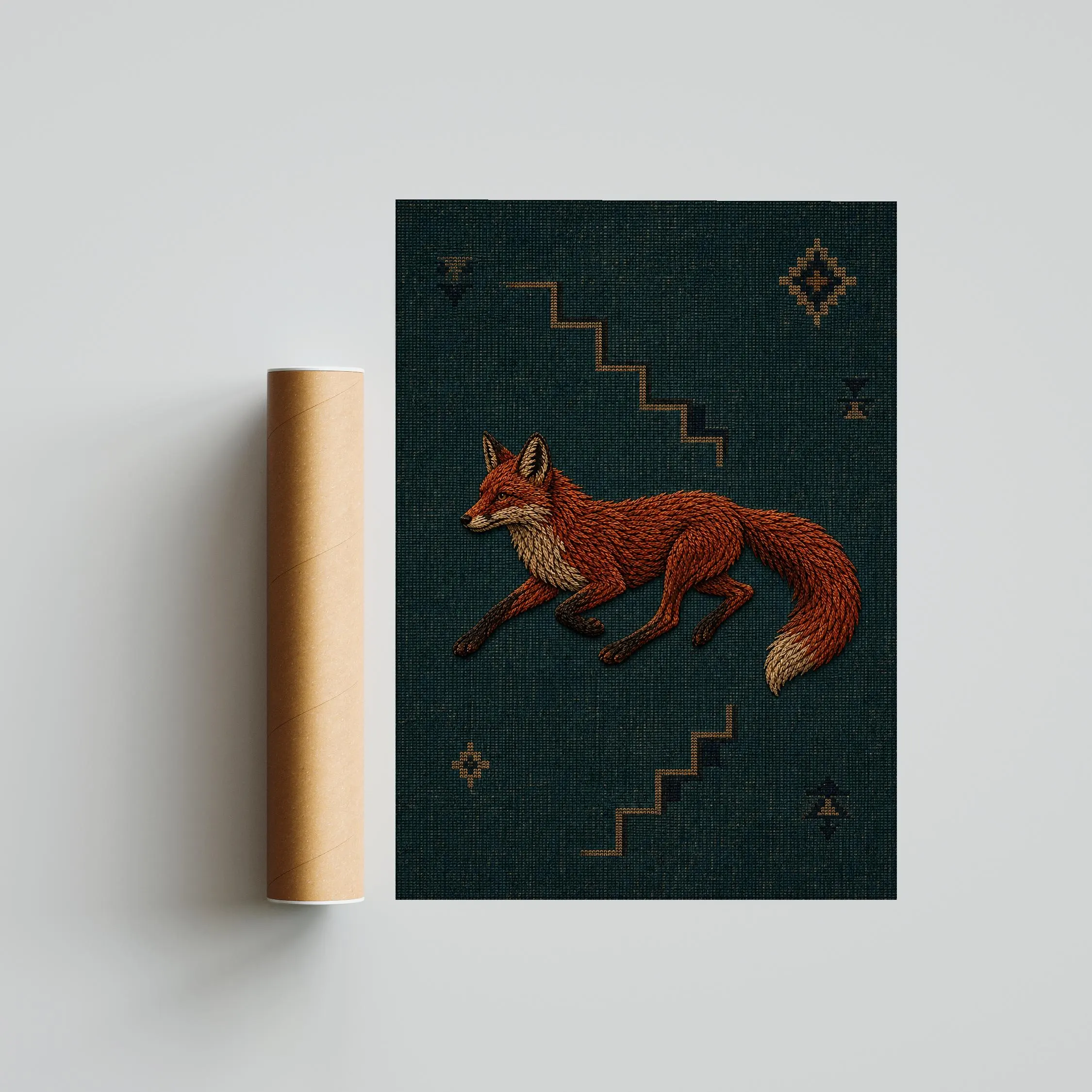 Embroidered Fox Print, Minimalist Kilim Wall Art, Teal Boho Poster, Housewarming Gift – Calm Wall Art by Artsify thumbnail 5