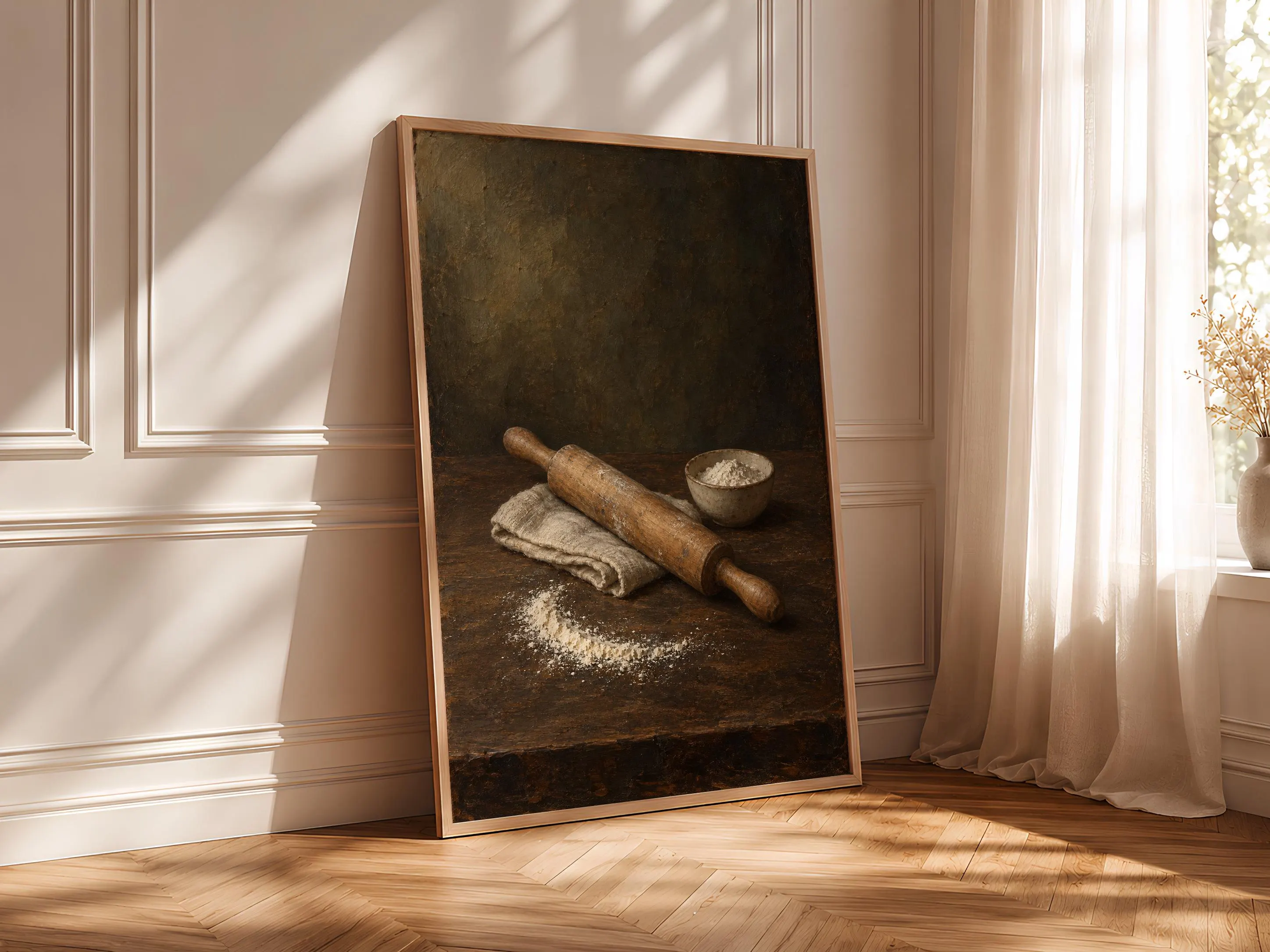 Rolling Pin and Flour Still Life Print, Moody Farmhouse Baking Art – Calm Wall Art by Artsify thumbnail 4