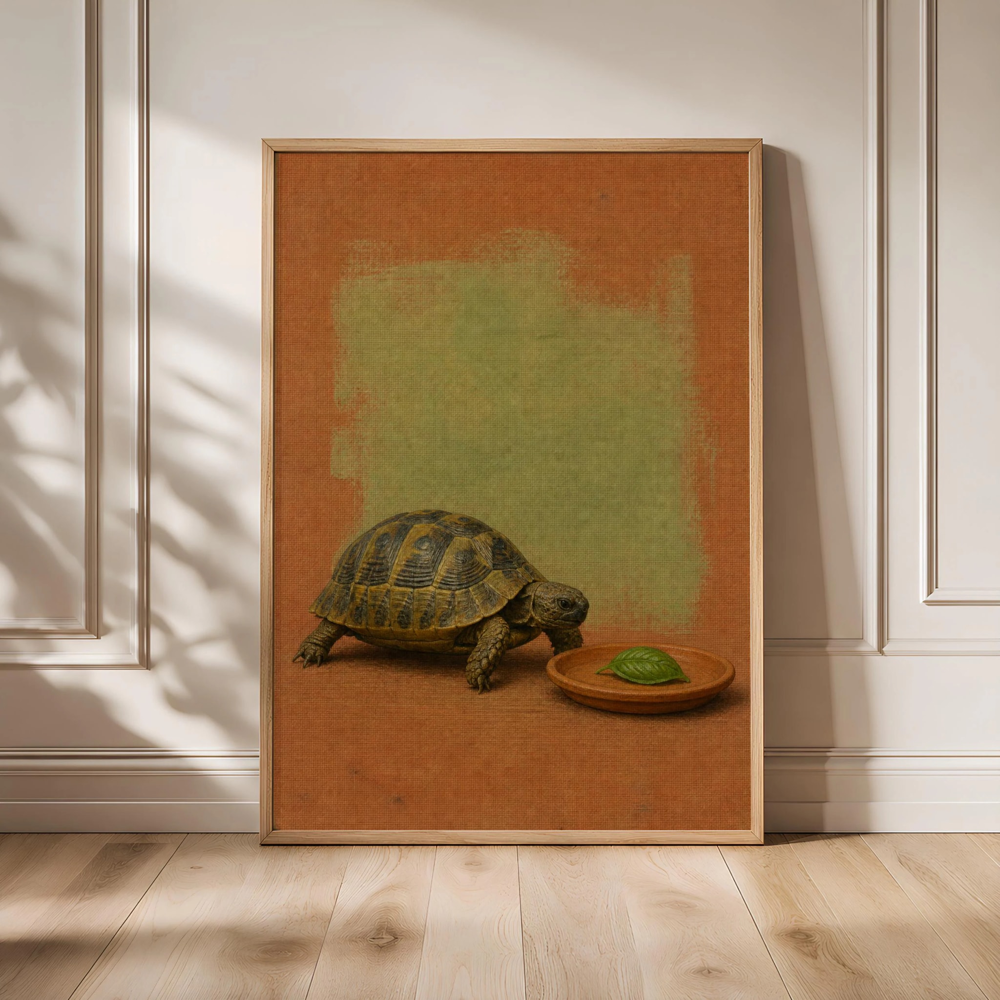 Tortoise Kitchen Art, Basil Leaf Reptile, Minimalist Animal Oil Print – Calm Wall Art by Artsify