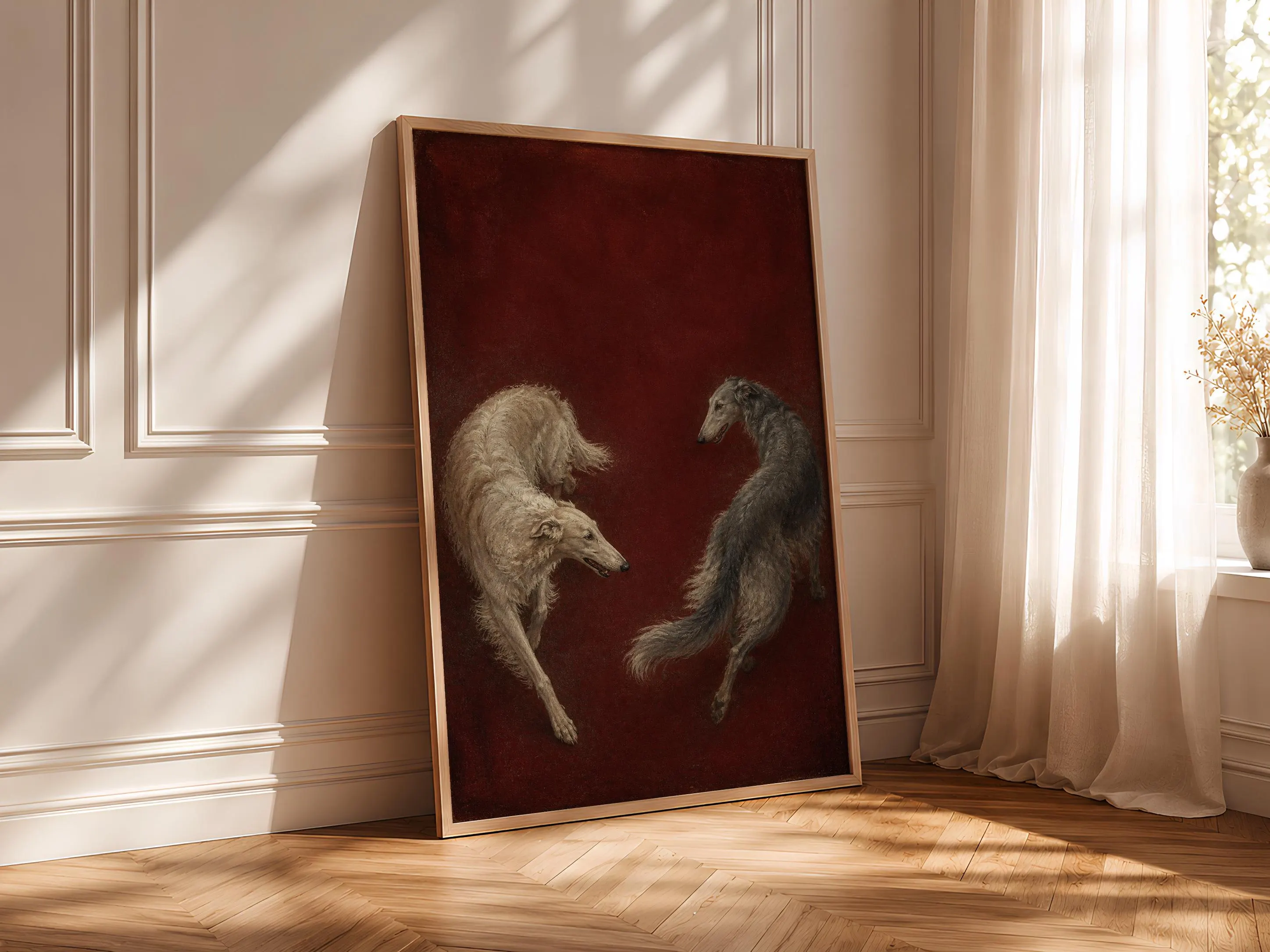 Borzoi Pair Wall Art, Claret Tempera Dog Painting, Vintage Sighthound Print, Housewarming Gift – Calm Wall Art by Artsify thumbnail 4