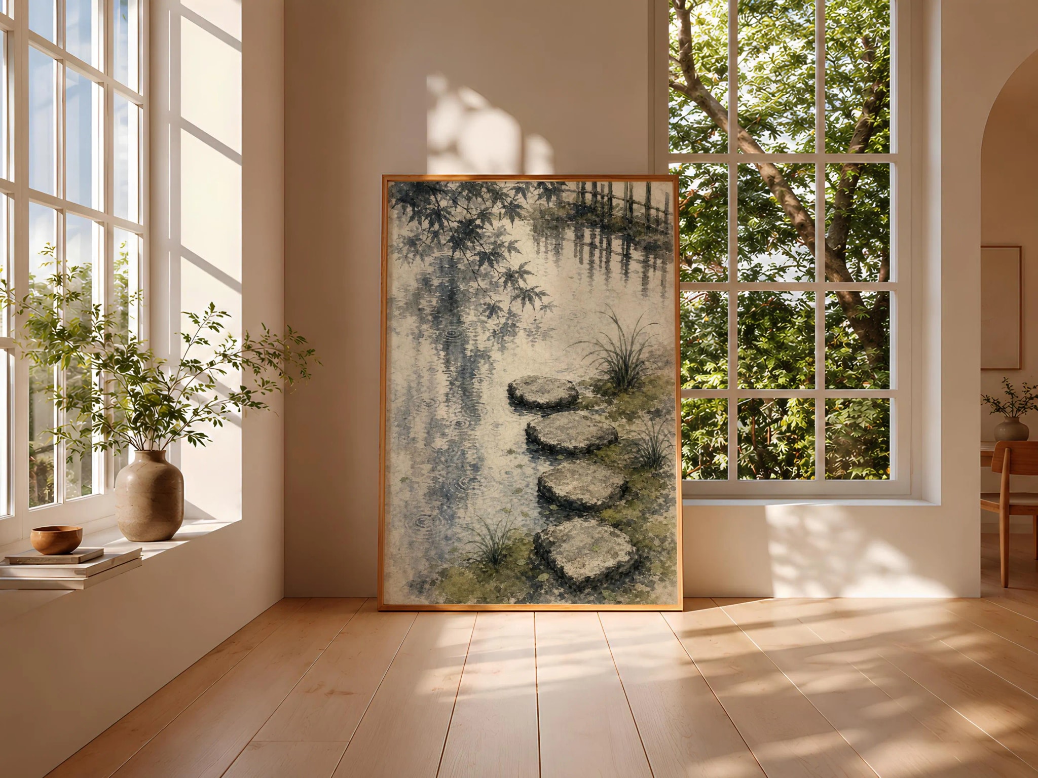 Japanese Tea Garden Print, Stepping Stone Wall Art, Sumi E Pond Poster, Japandi Zen Decor, Housewarming Gift – Calm Wall Art by Artsify thumbnail 3