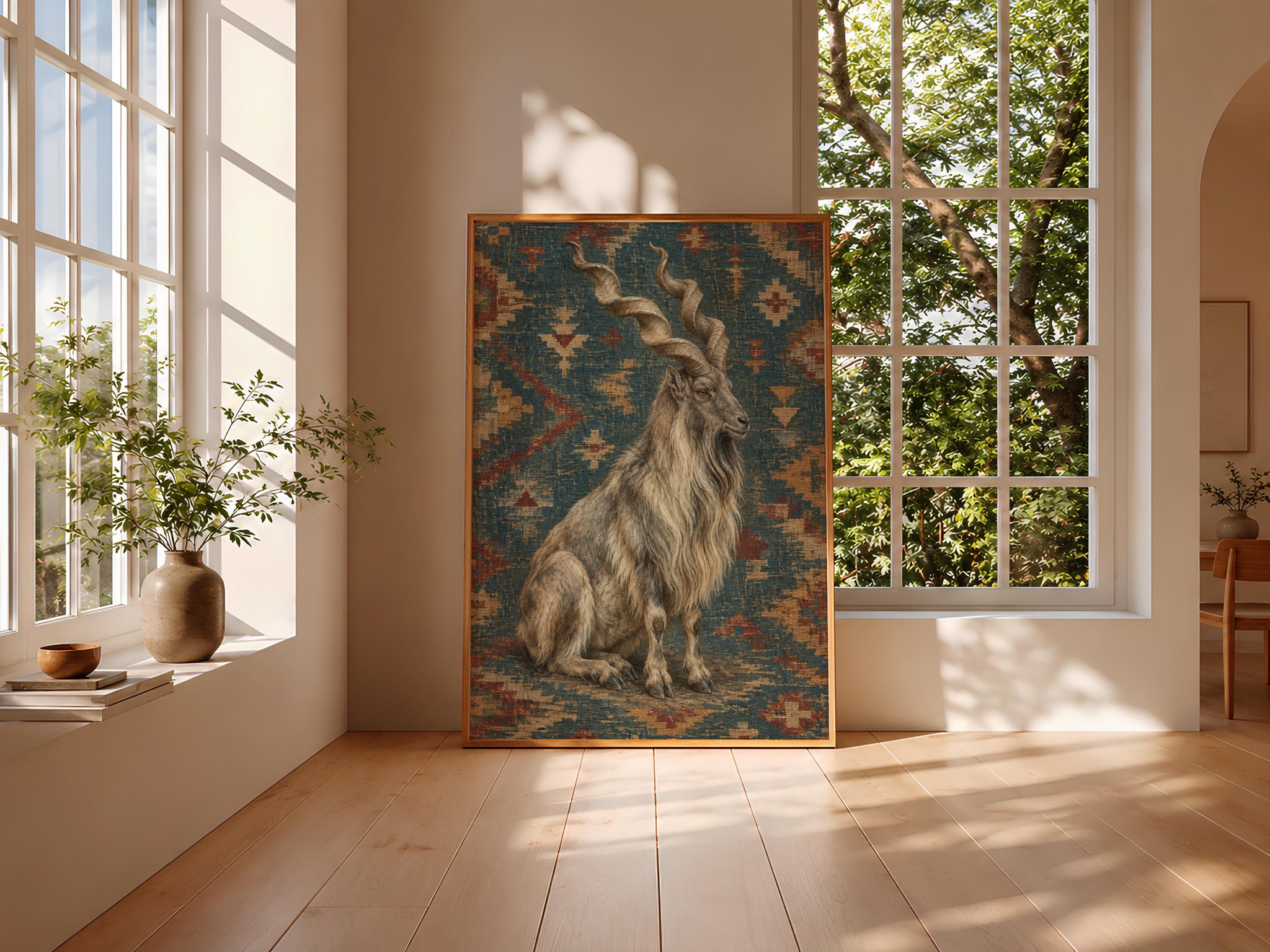 Spiral Horn Markhor Wall Art, Rustic Kilim Animal Painting – Calm Wall Art by Artsify thumbnail 3