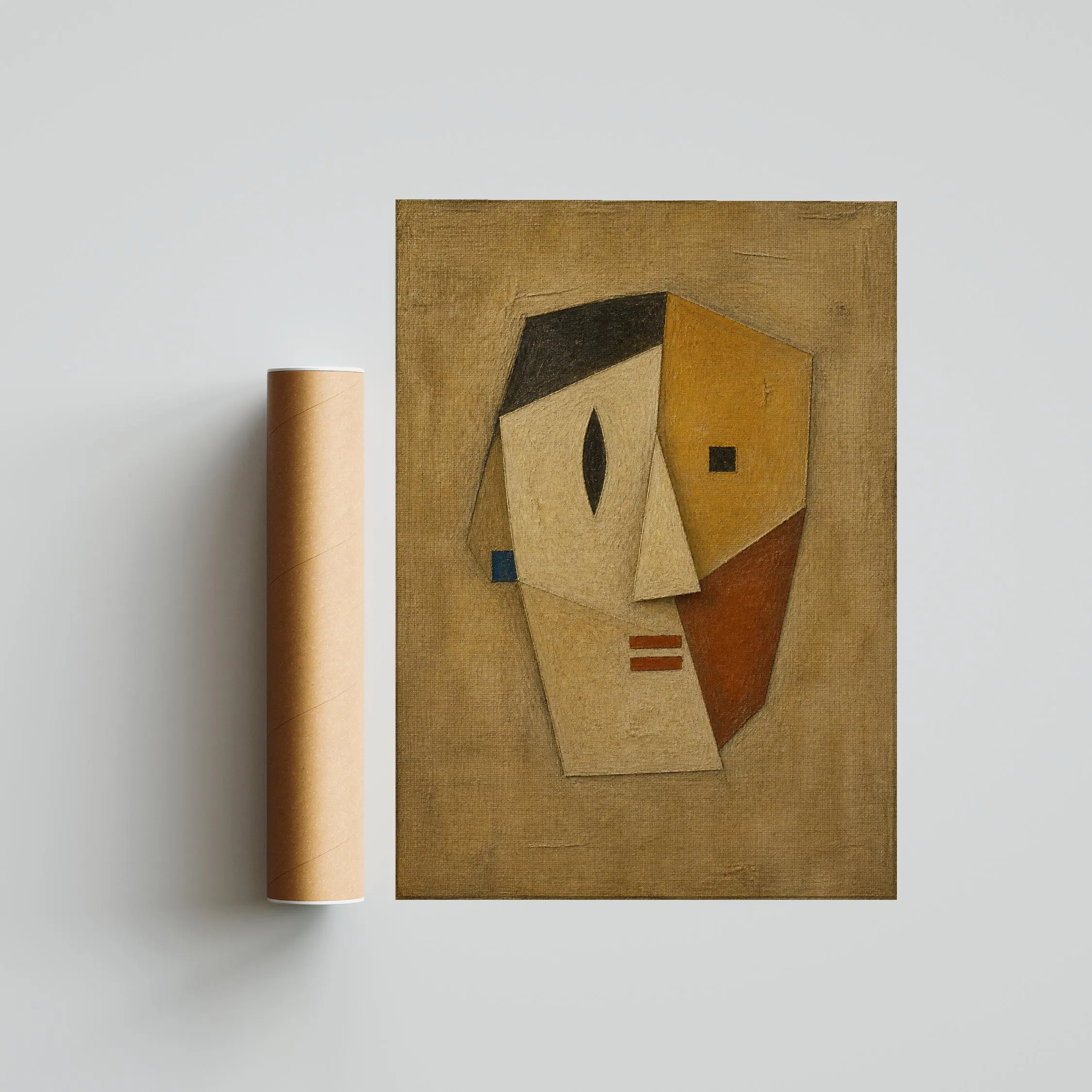 Abstract Face Wall Art, Ochre Cubist Oil Painting Print – Calm Wall Art by Artsify thumbnail 5