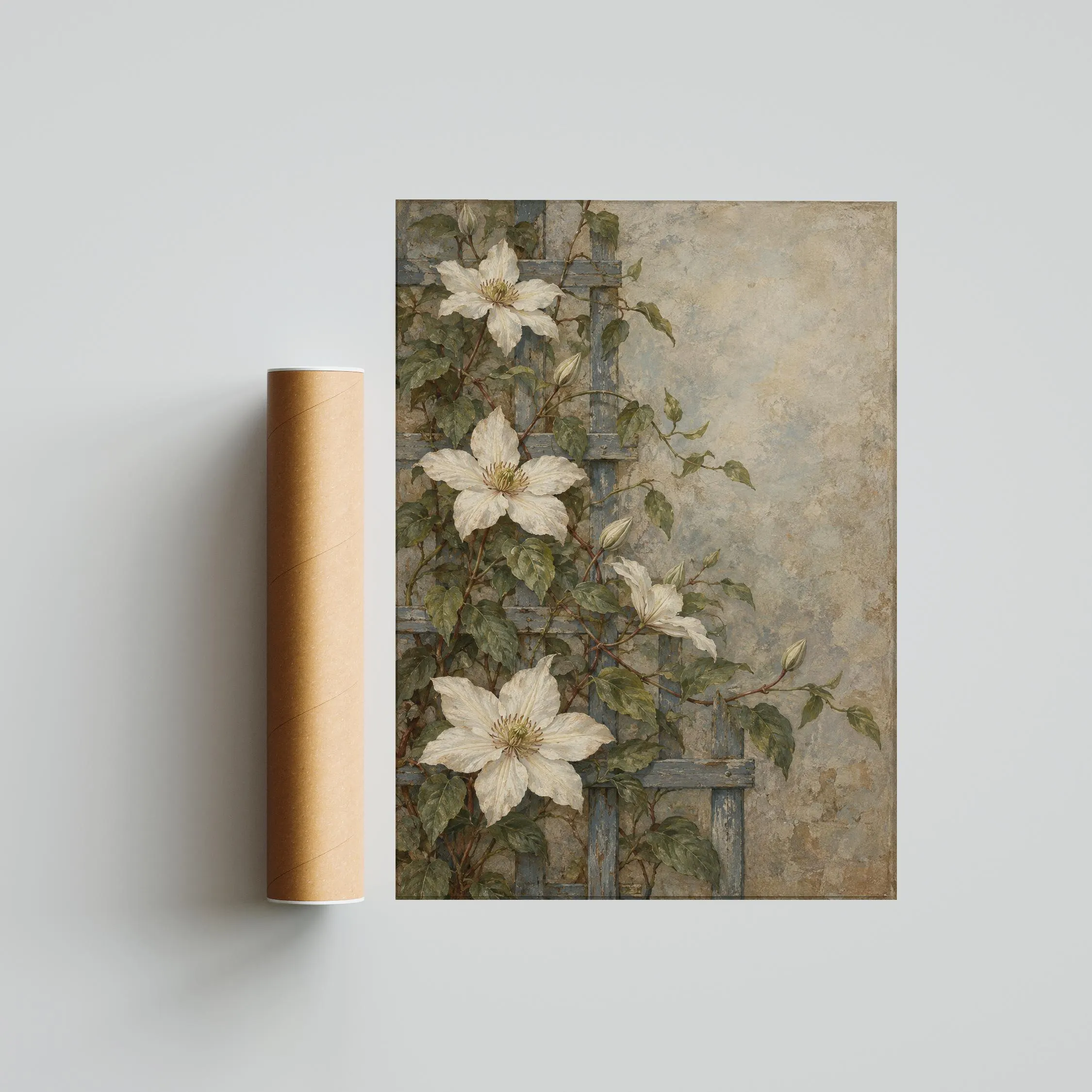 White Clematis Wall Art, Arts and Crafts Floral Painting, Blue Sage Decor – Calm Wall Art by Artsify thumbnail 5